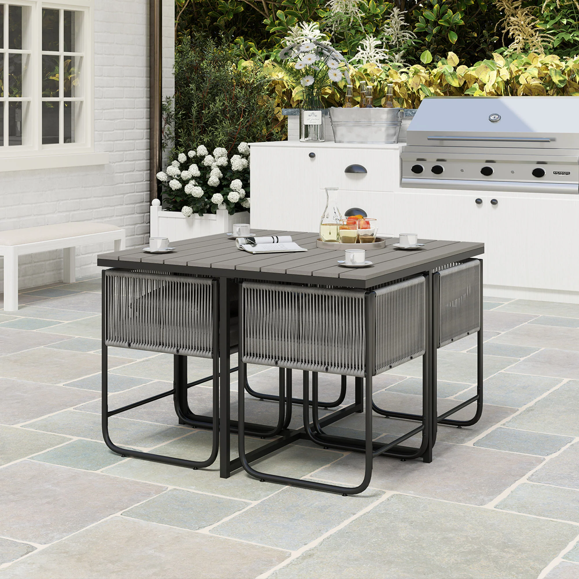 4 Seater Rattan Garden Furniture Set with Armchairs, Cushions & Wood Grain Top Table, Grey - Image 4