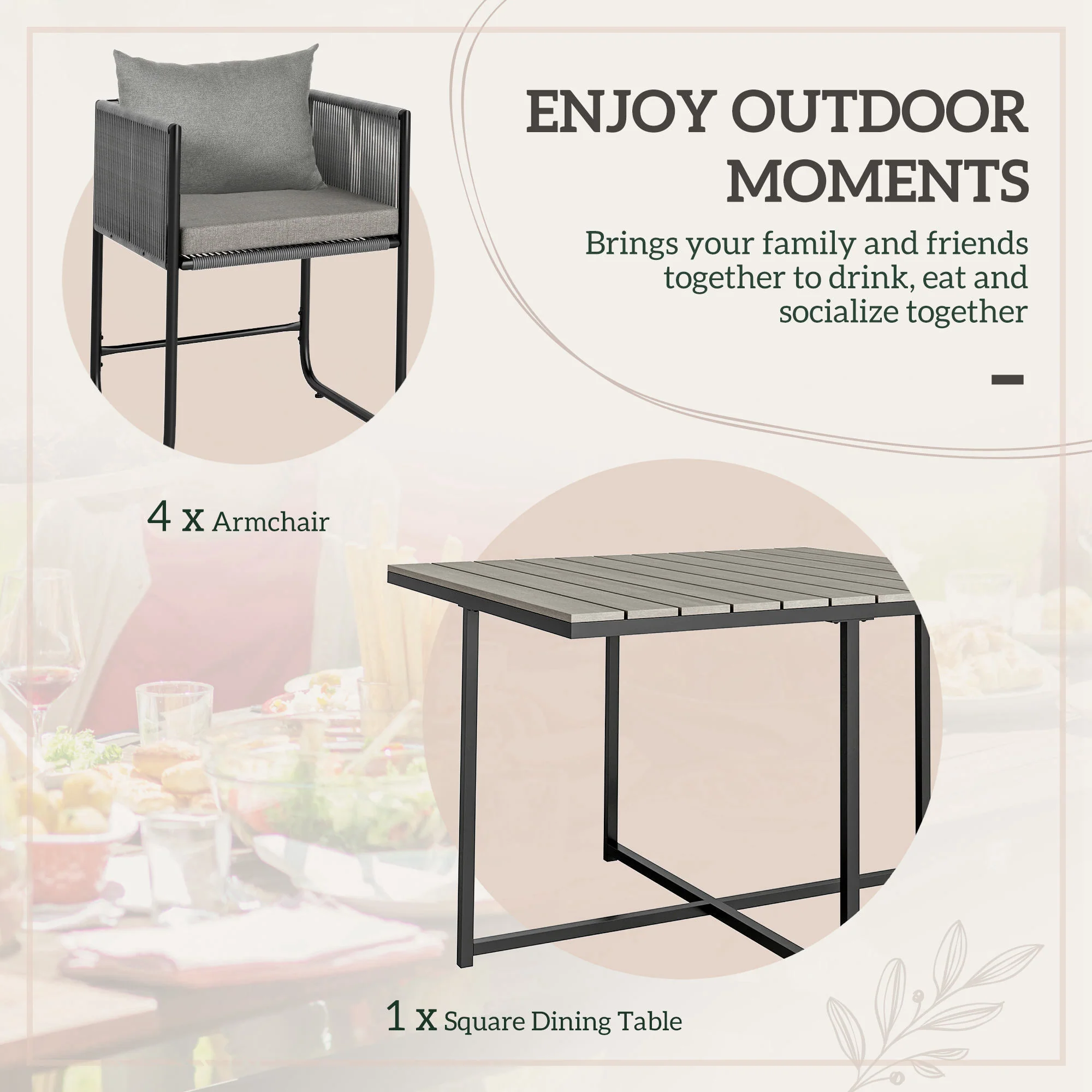4 Seater Rattan Garden Furniture Set with Armchairs, Cushions & Wood Grain Top Table, Grey - Image 6