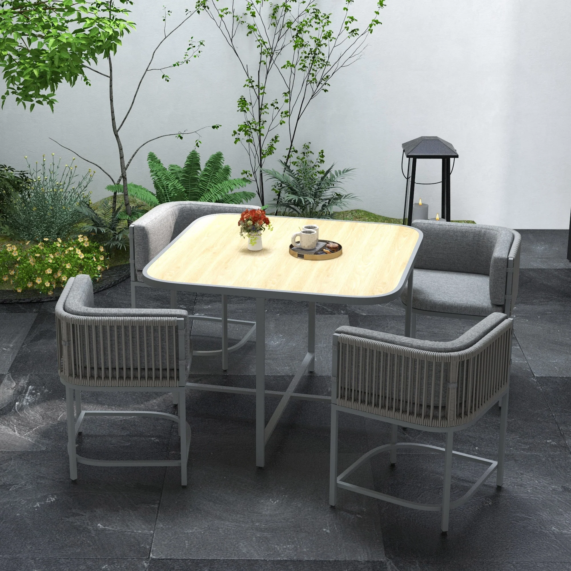 4 Seater Rattan Cube Garden Furniture Set with Cushions & Stone Composite Board Tabletop, Grey - Image 3