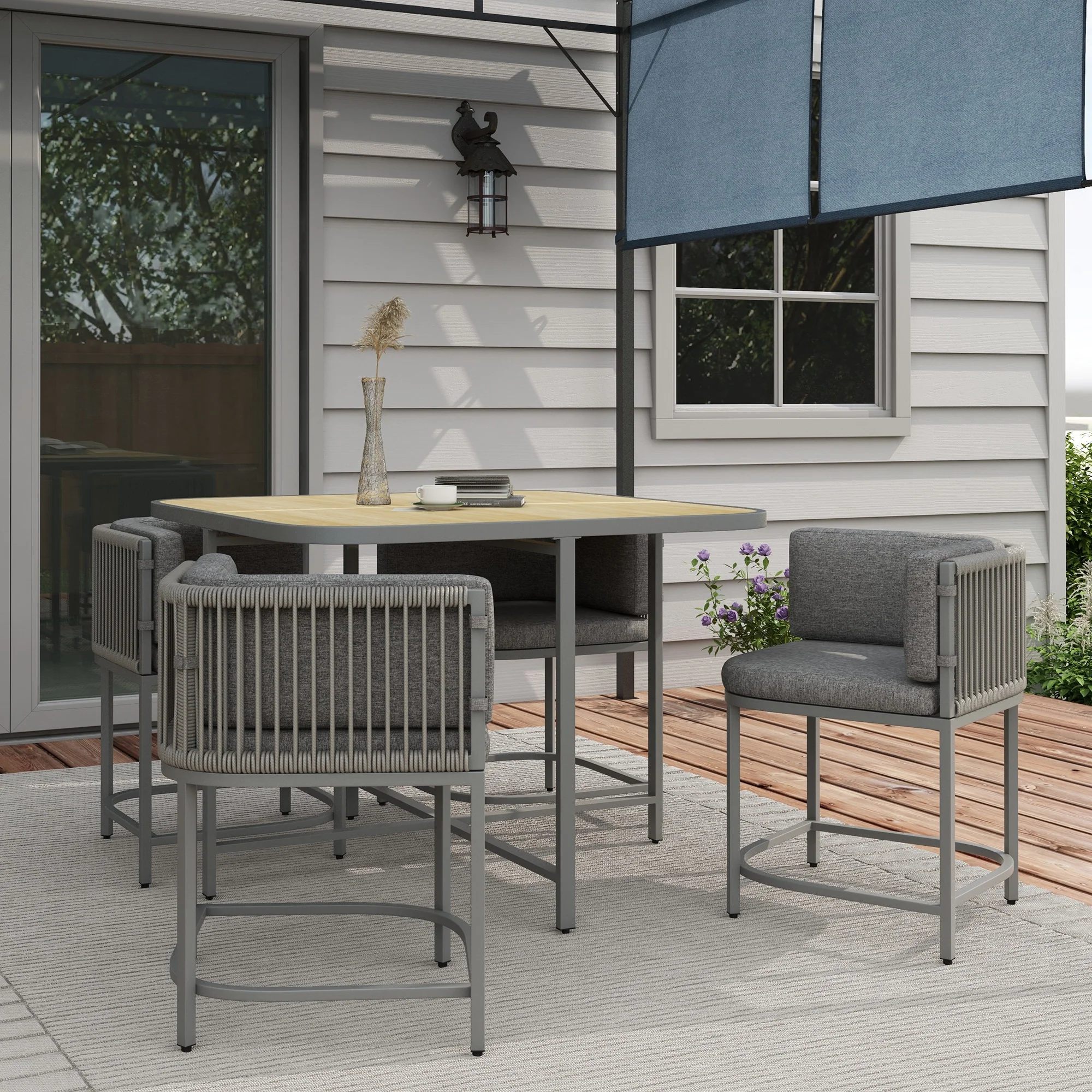 4 Seater Rattan Cube Garden Furniture Set with Cushions & Stone Composite Board Tabletop, Grey - Image 4