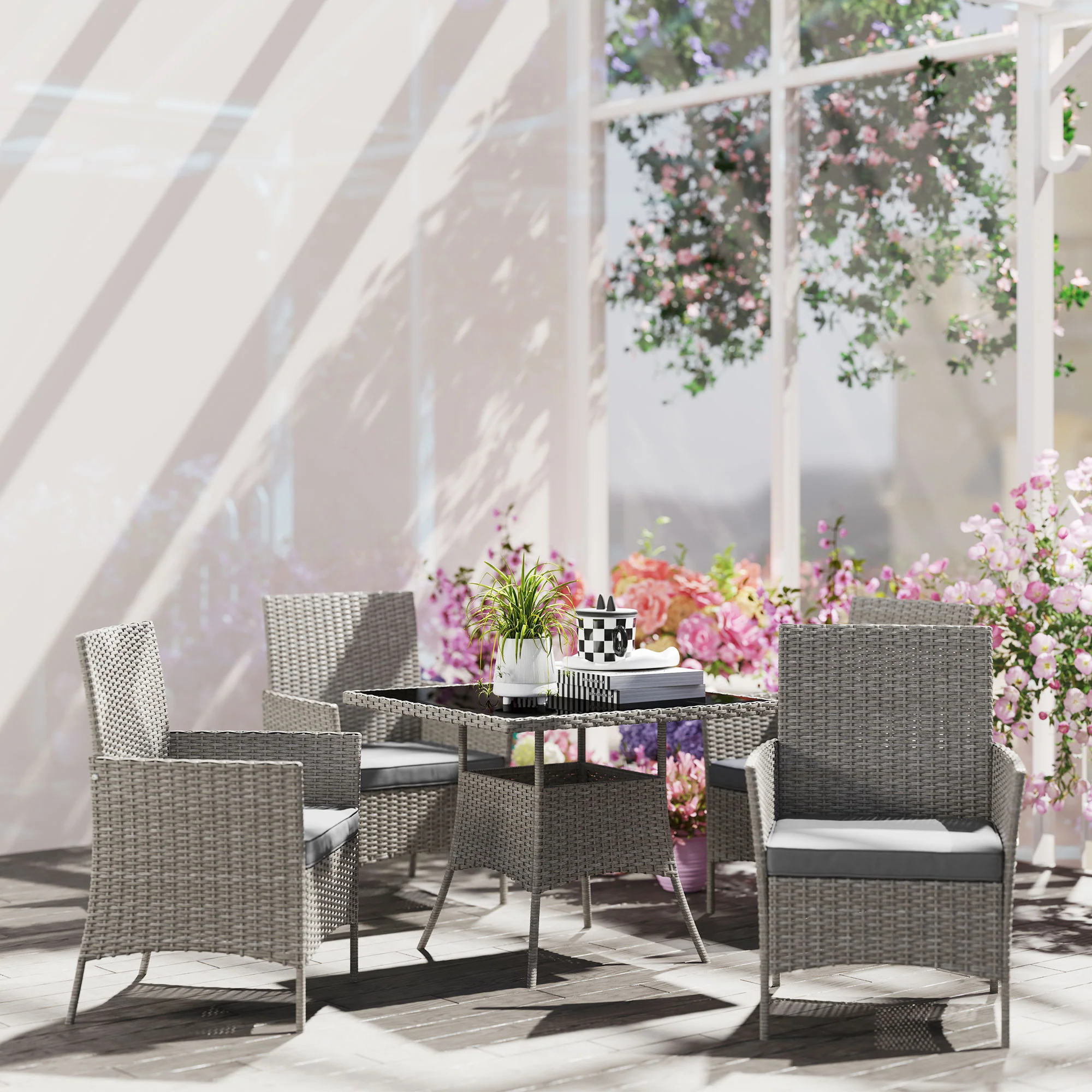 4 Seater Rattan Garden Dining Set with Cushions & Glass Tabletop, Light Grey - Image 10