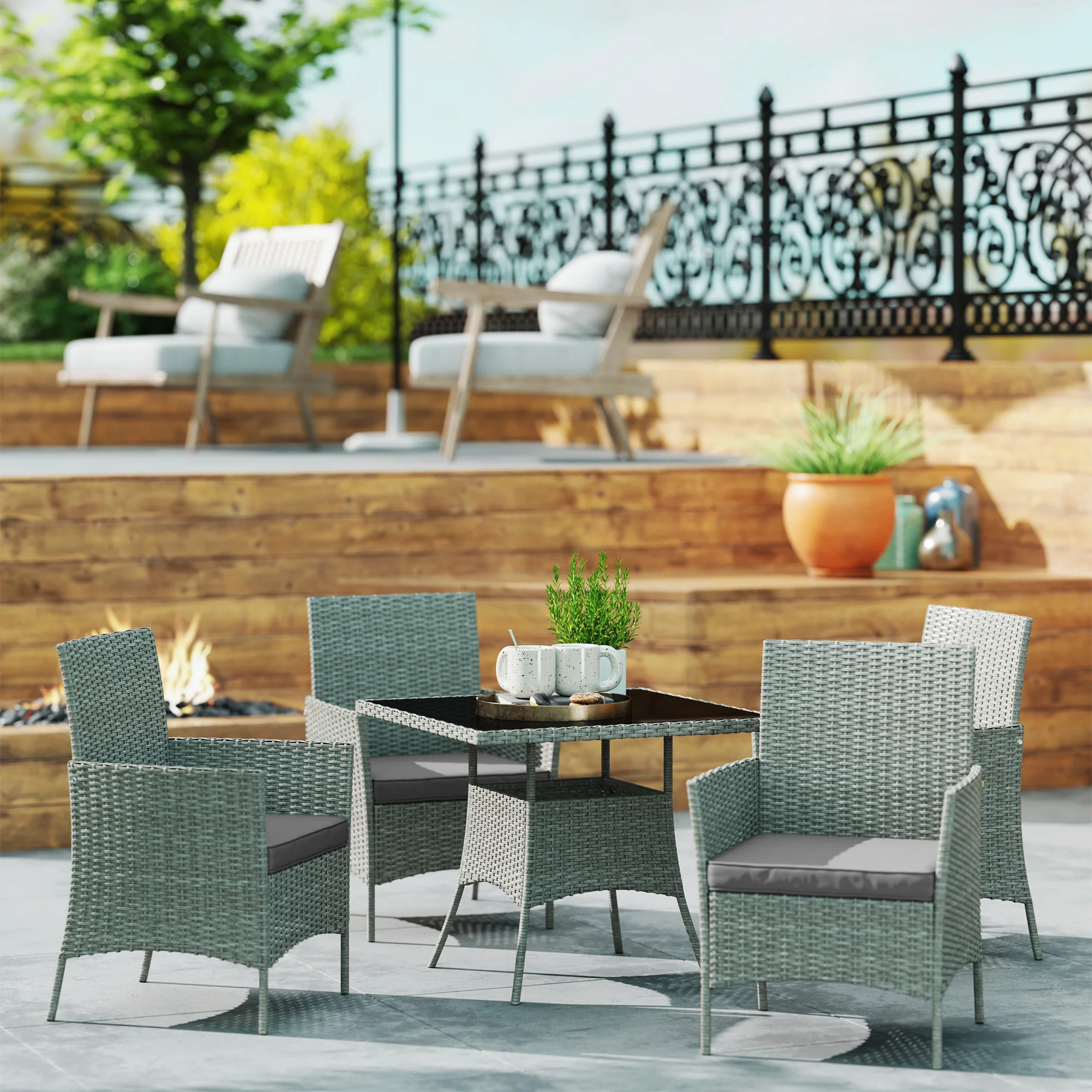 4 Seater Rattan Garden Dining Set with Cushions & Glass Tabletop, Light Grey - Image 3