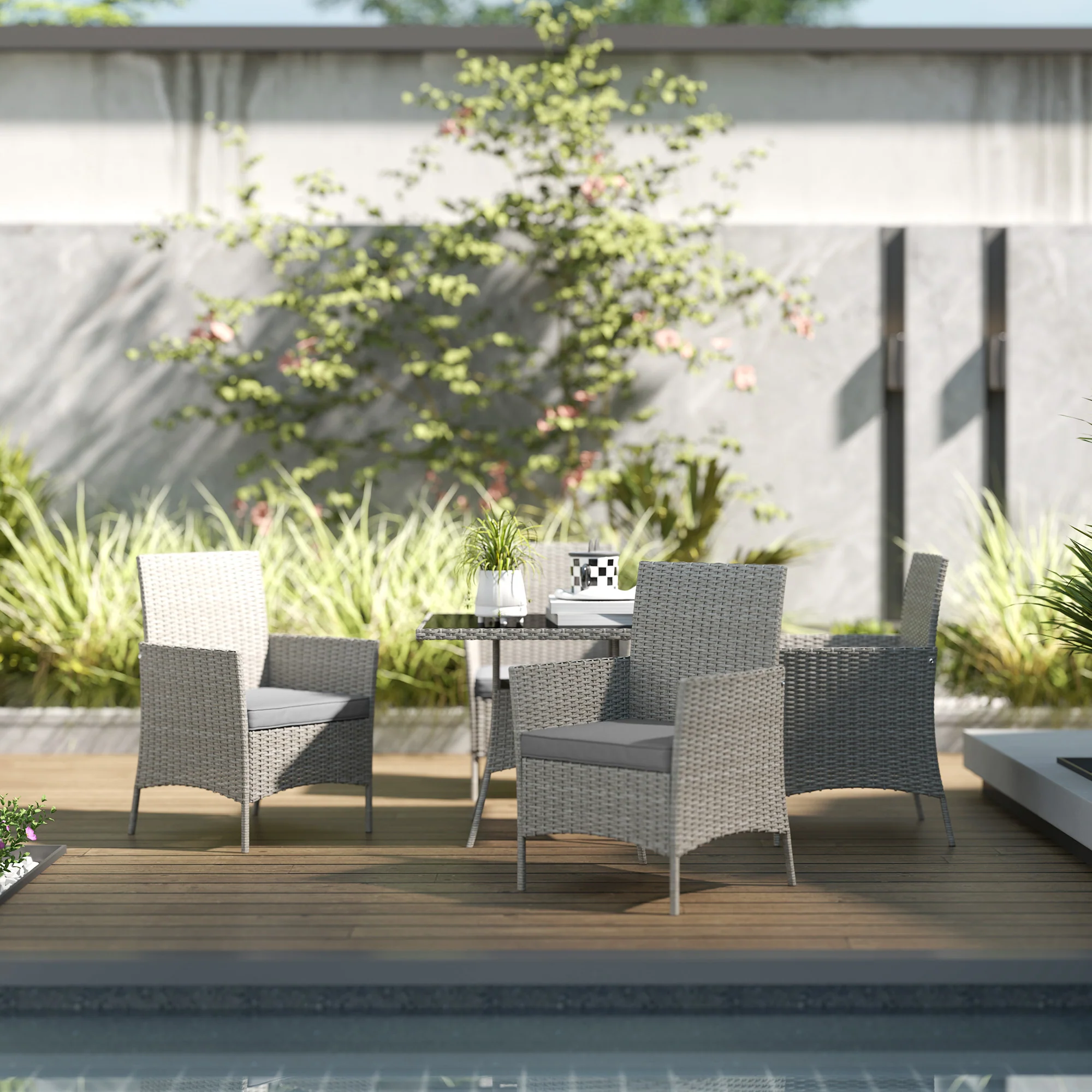 4 Seater Rattan Garden Dining Set with Cushions & Glass Tabletop, Light Grey - Image 4