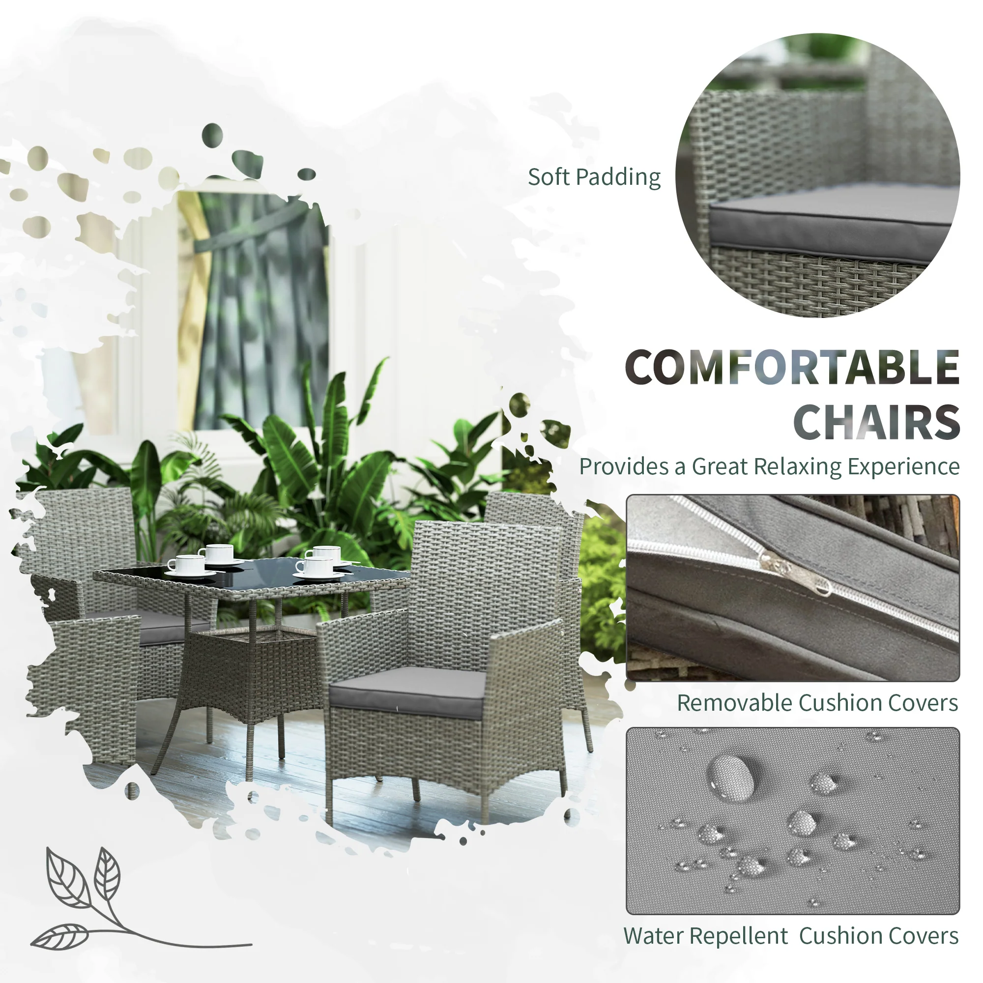 4 Seater Rattan Garden Dining Set with Cushions & Glass Tabletop, Light Grey - Image 7