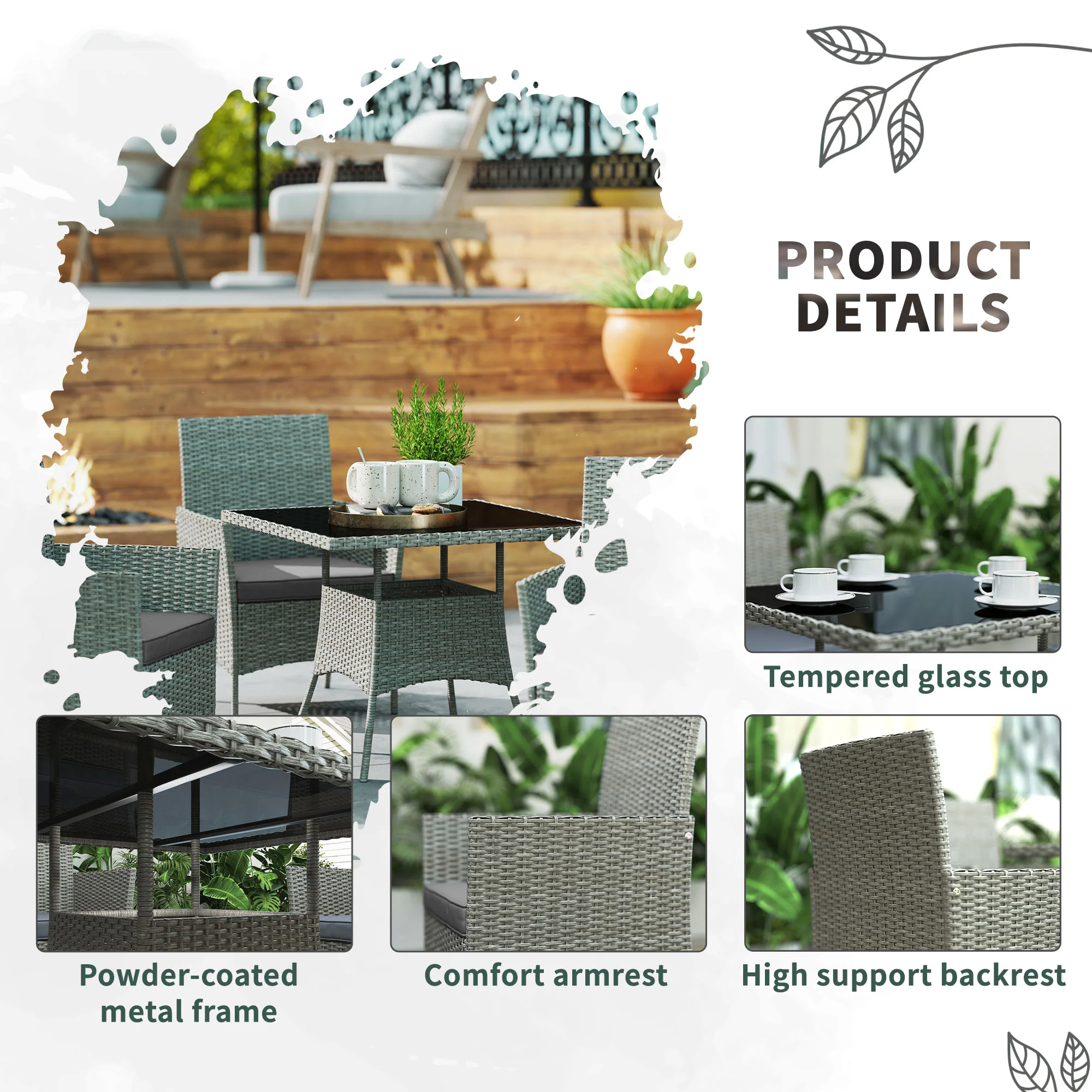 4 Seater Rattan Garden Dining Set with Cushions & Glass Tabletop, Light Grey - Image 8