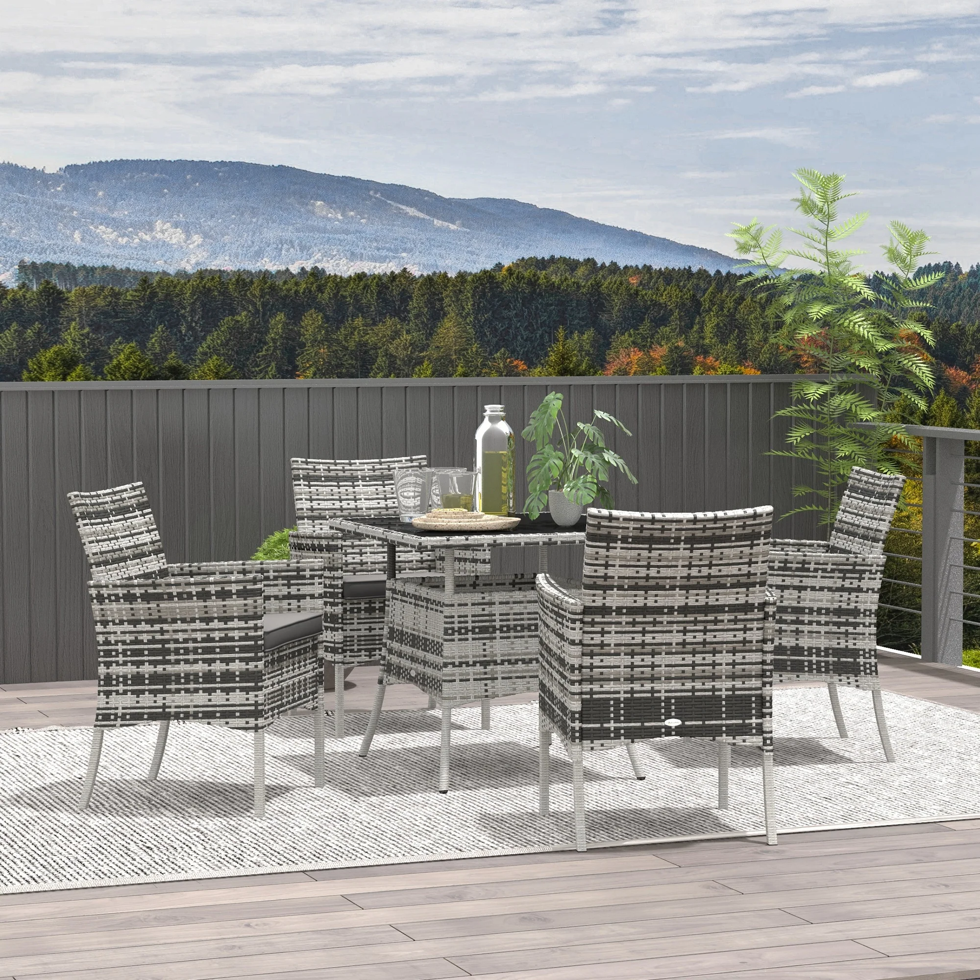 4 Seater Rattan Garden Dining Set with Cushions & Glass Tabletop, Mixed Grey - Image 4
