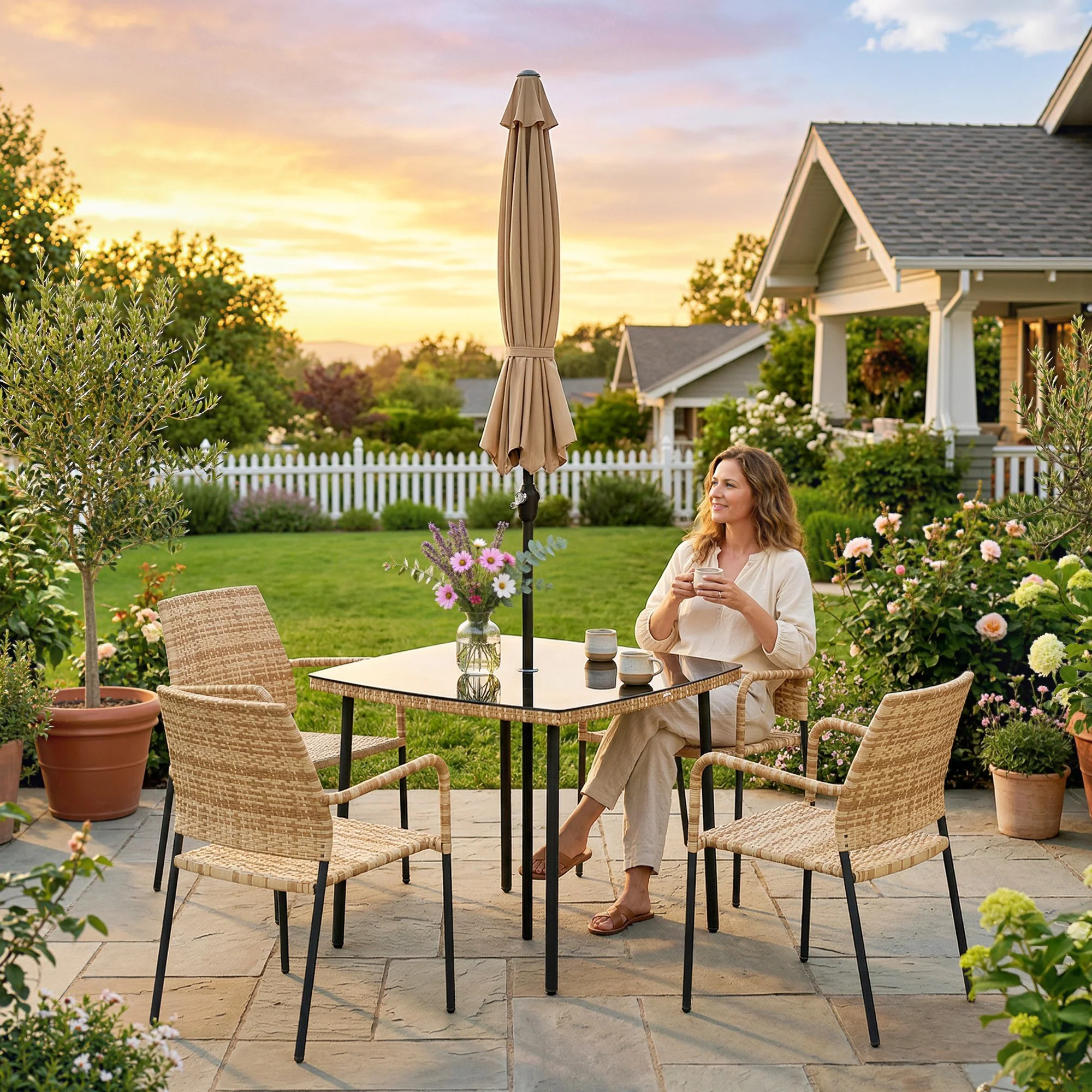4-Seater Light Brown Rattan Dining Set with Parasol, Glass Top & Stacking Chairs - Image 11