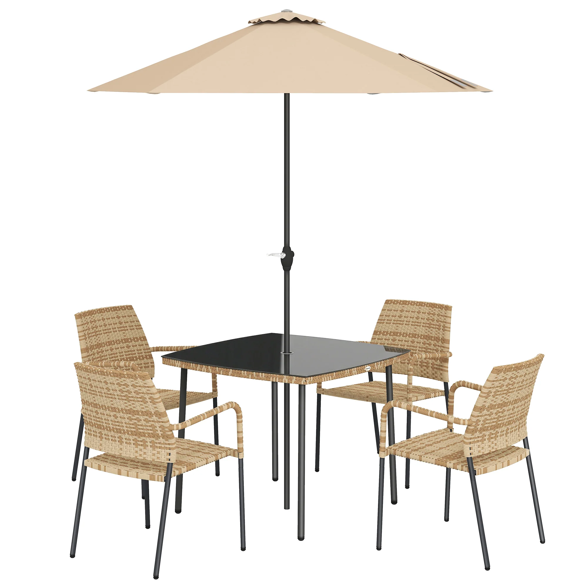 4-Seater Light Brown Rattan Dining Set with Parasol, Glass Top & Stacking Chairs - Image 12