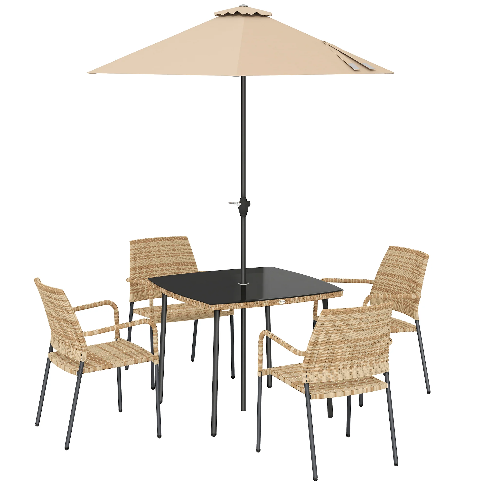 4-Seater Light Brown Rattan Dining Set with Parasol, Glass Top & Stacking Chairs - Image 2
