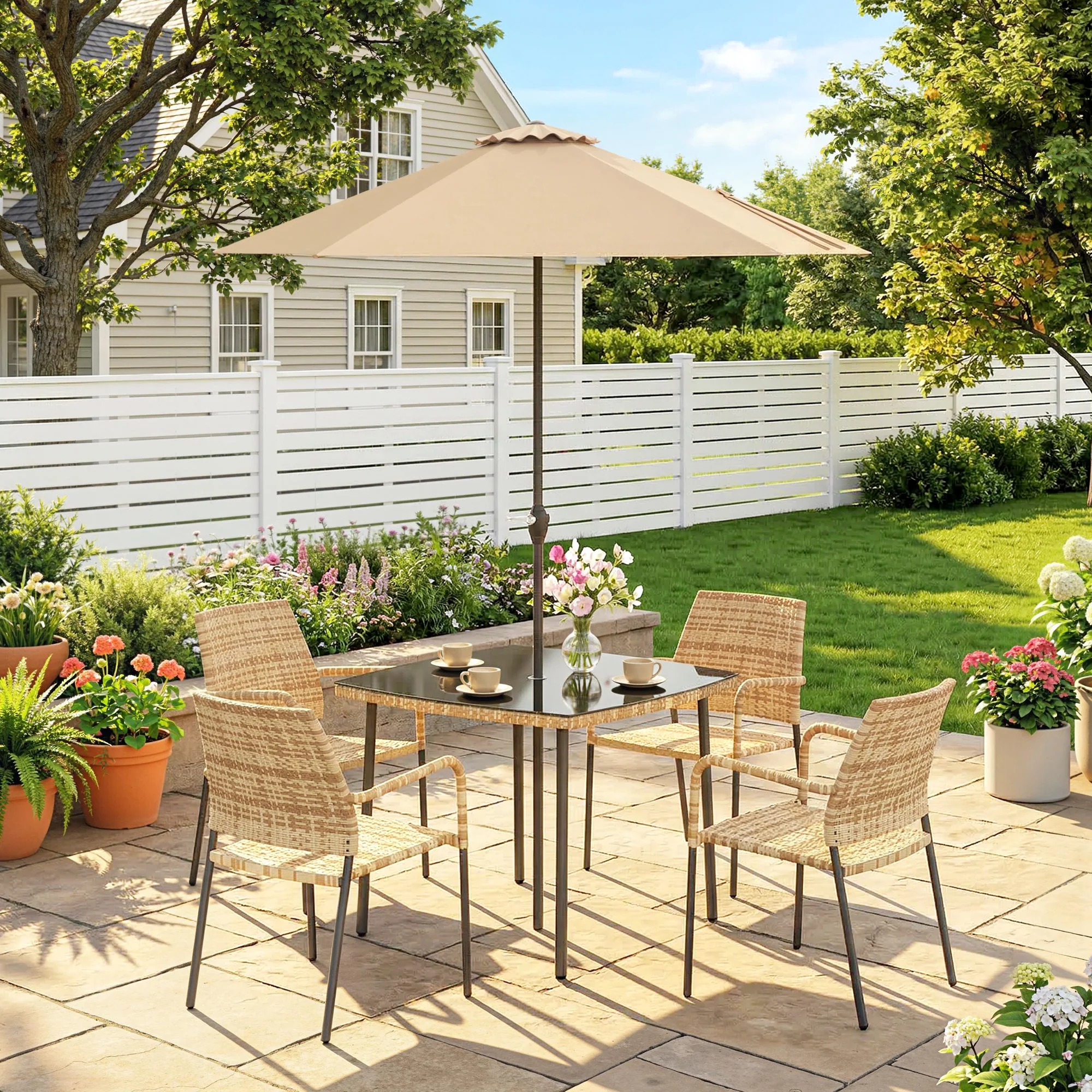4-Seater Light Brown Rattan Dining Set with Parasol, Glass Top & Stacking Chairs - Image 3