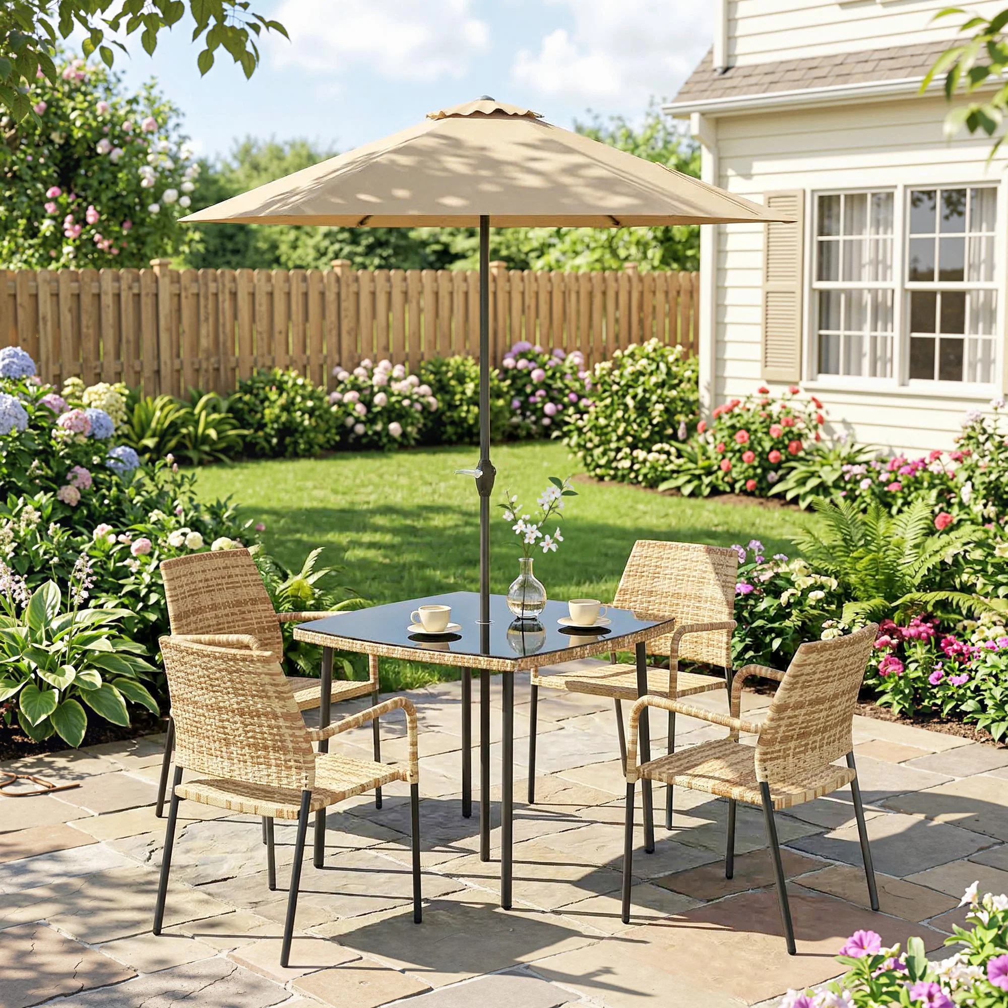 4-Seater Light Brown Rattan Dining Set with Parasol, Glass Top & Stacking Chairs - Image 4