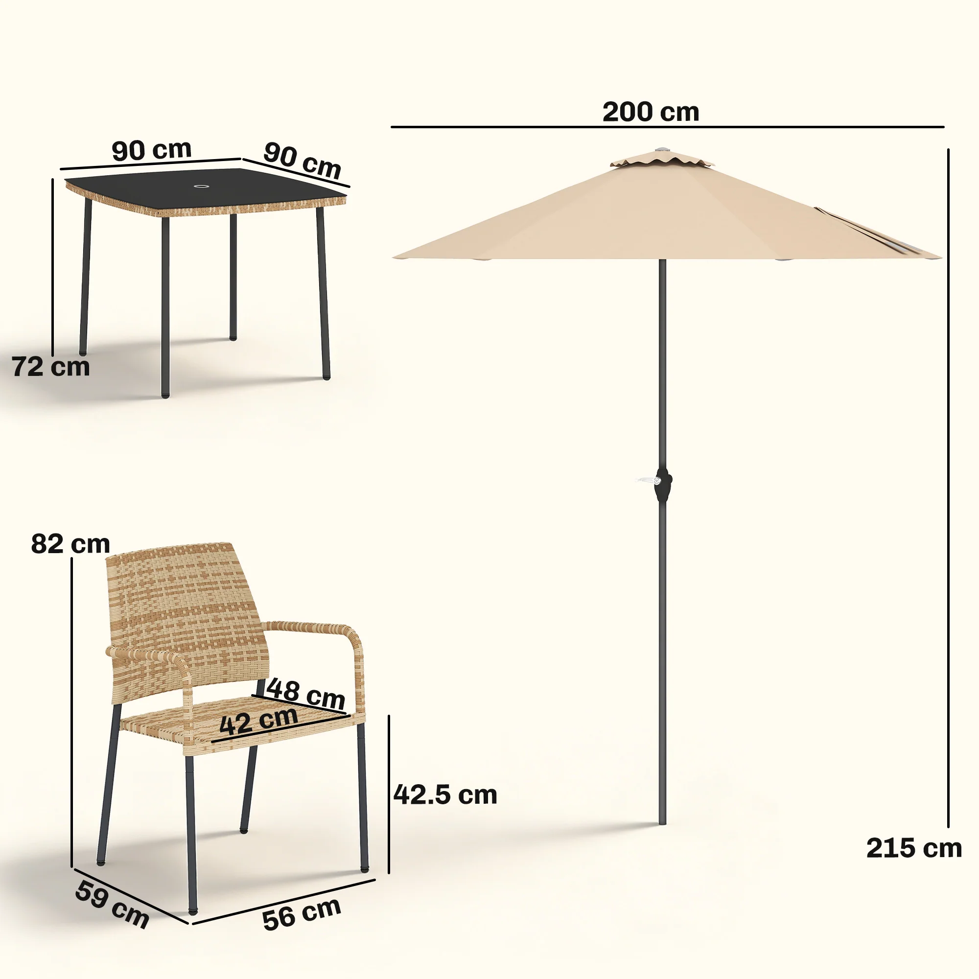 4-Seater Light Brown Rattan Dining Set with Parasol, Glass Top & Stacking Chairs - Image 5