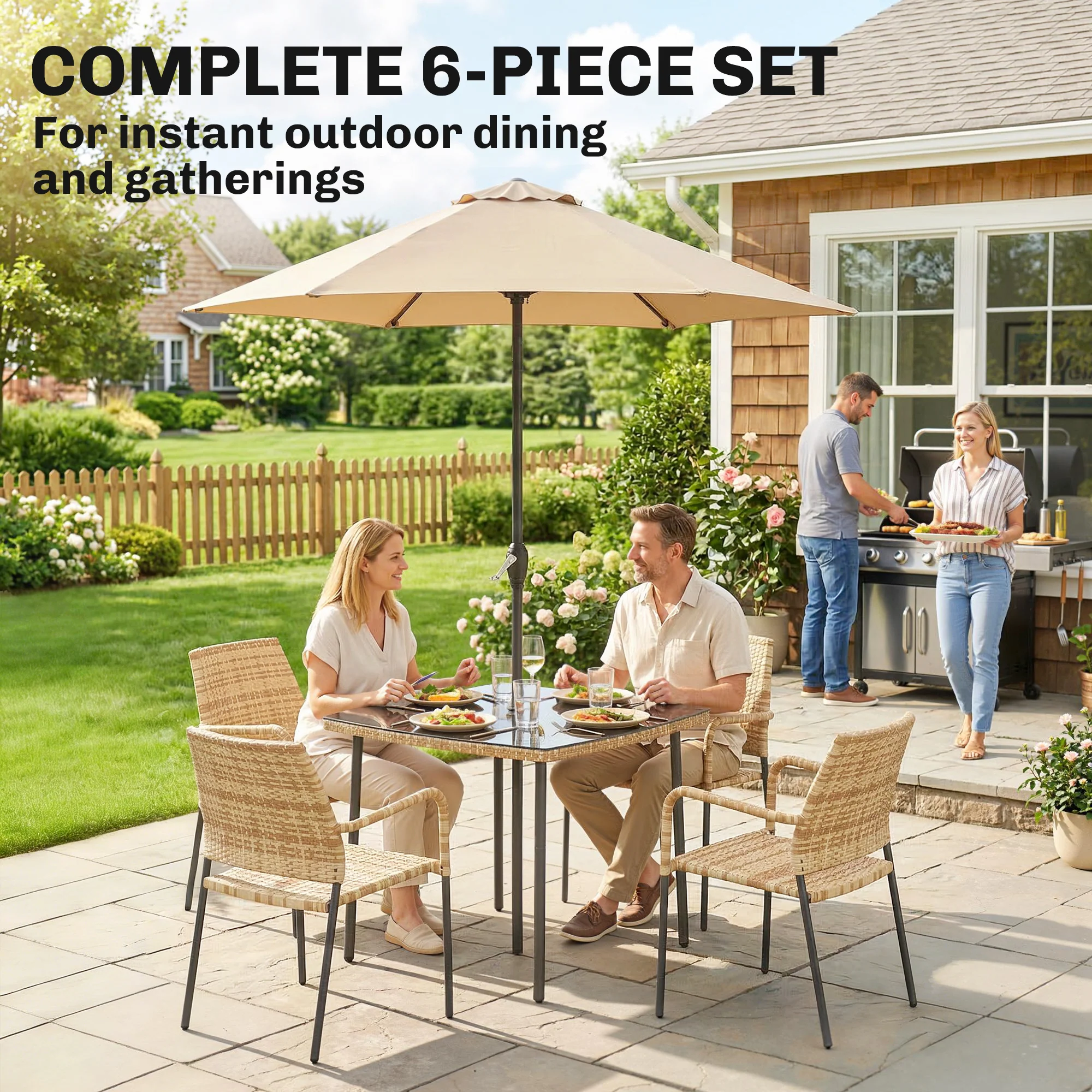 4-Seater Light Brown Rattan Dining Set with Parasol, Glass Top & Stacking Chairs - Image 6