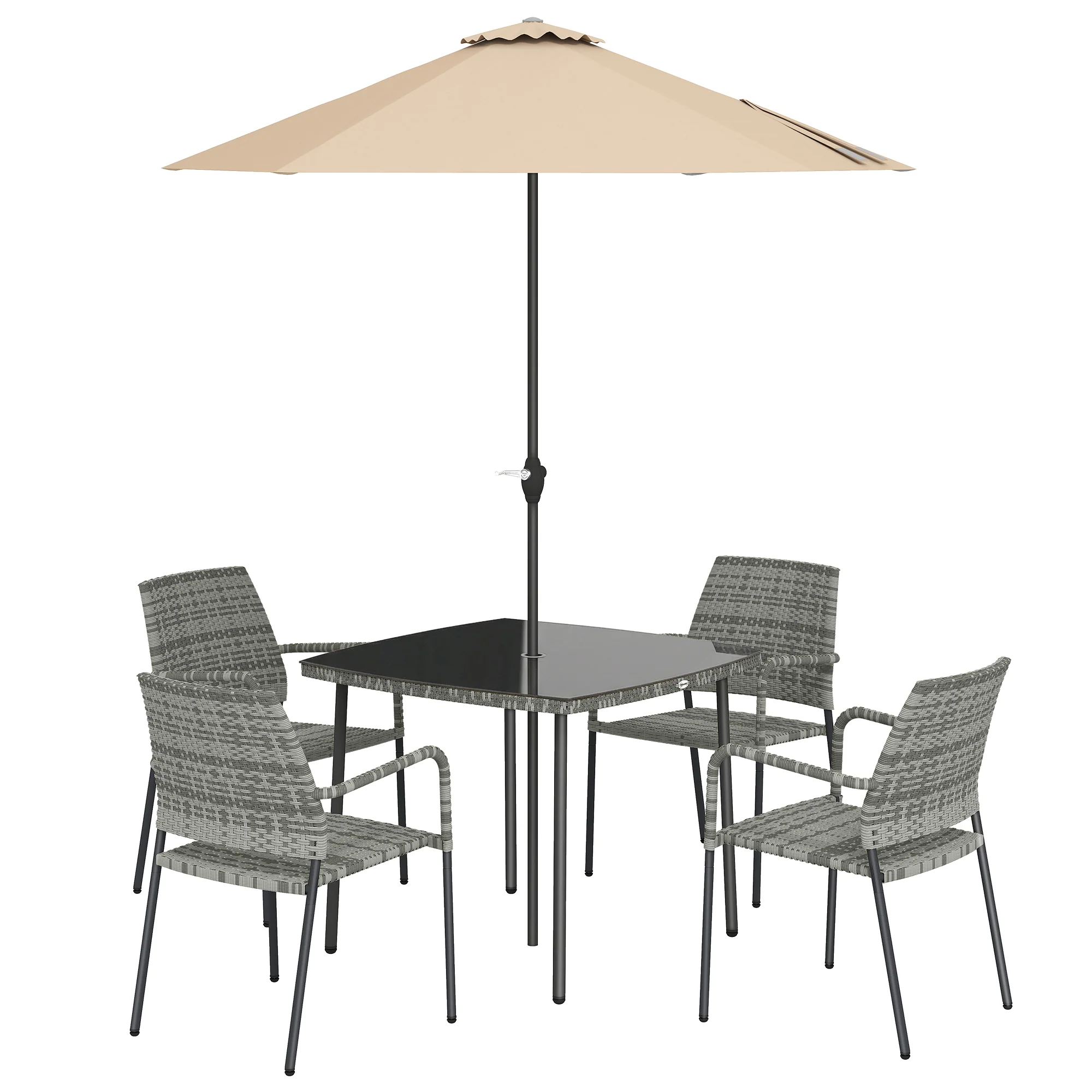 4-Person Rattan Dining Set with Tempered Glass & Tilting Parasol, Light Grey - Image 2