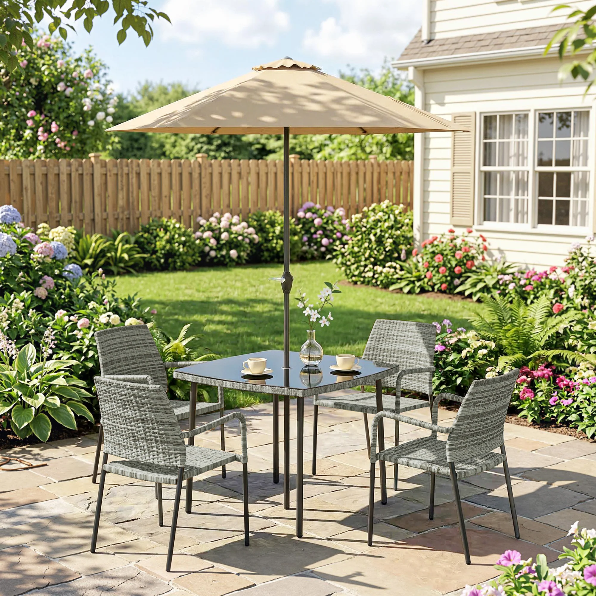 4-Person Rattan Dining Set with Tempered Glass & Tilting Parasol, Light Grey - Image 4
