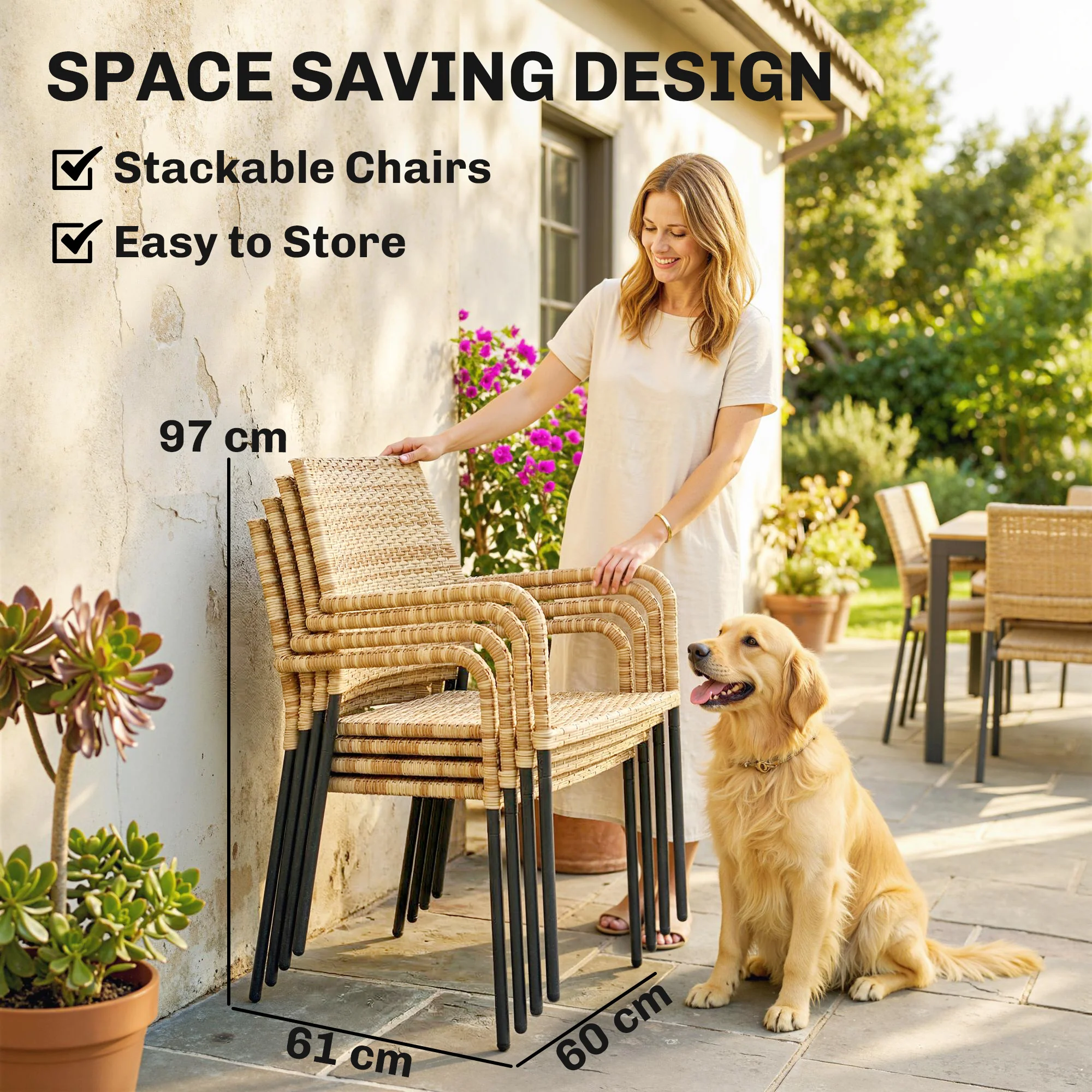 4-Seater Light Brown Rattan Dining Set with Parasol, Glass Top & Stacking Chairs - Image 8