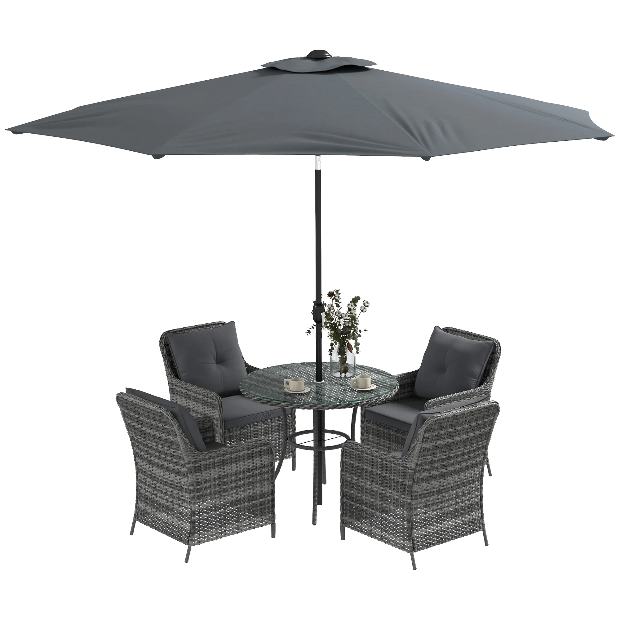 4 Seater Rattan Dining Set w/ Parasol, Seat & Back Cushions, Round Glass Tabletop, Mixed Grey