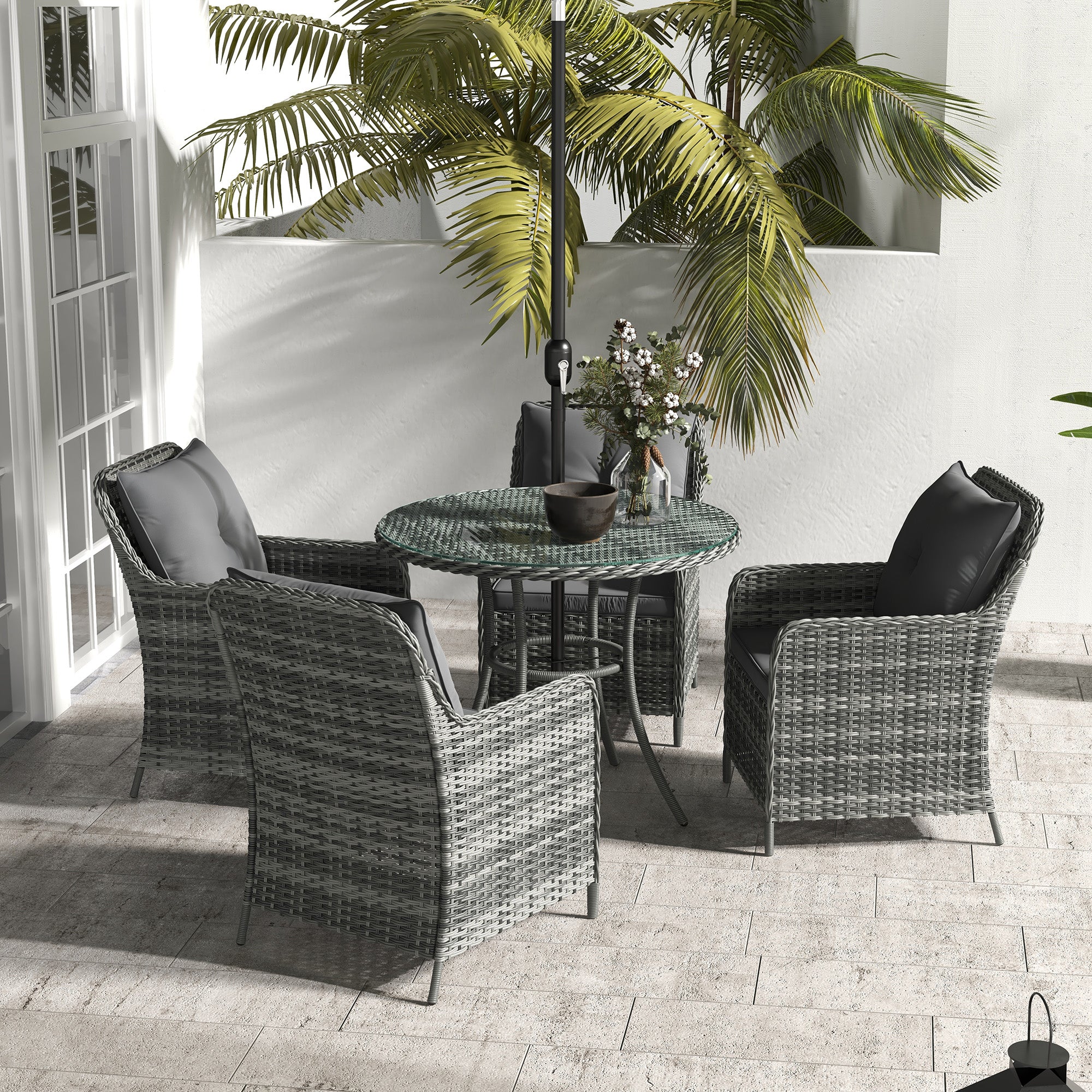 4 Seater Rattan Dining Set w/ Parasol, Seat & Back Cushions, Round Glass Tabletop, Mixed Grey - Image 10