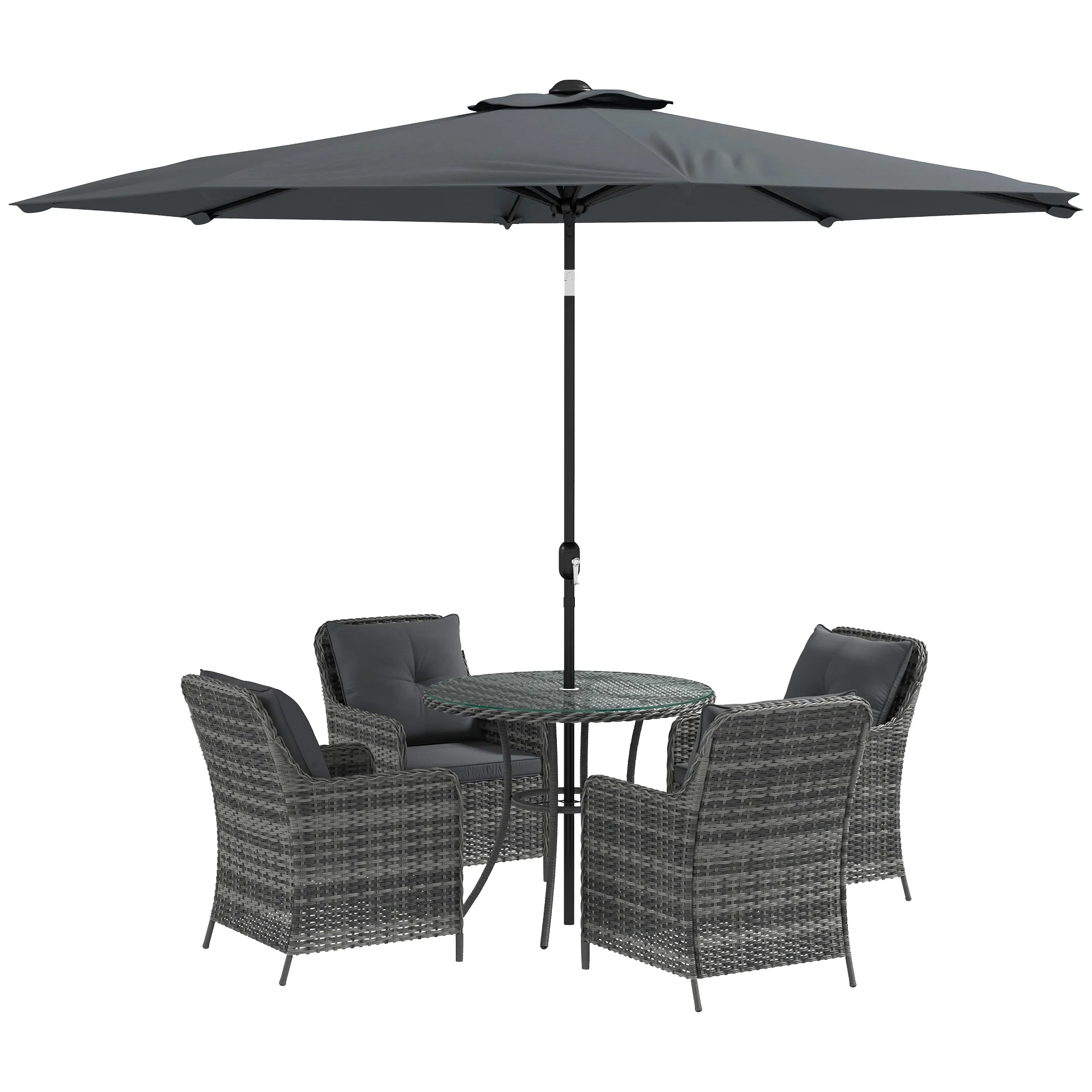 4 Seater Rattan Dining Set w/ Parasol, Seat & Back Cushions, Round Glass Tabletop, Mixed Grey - Image 2