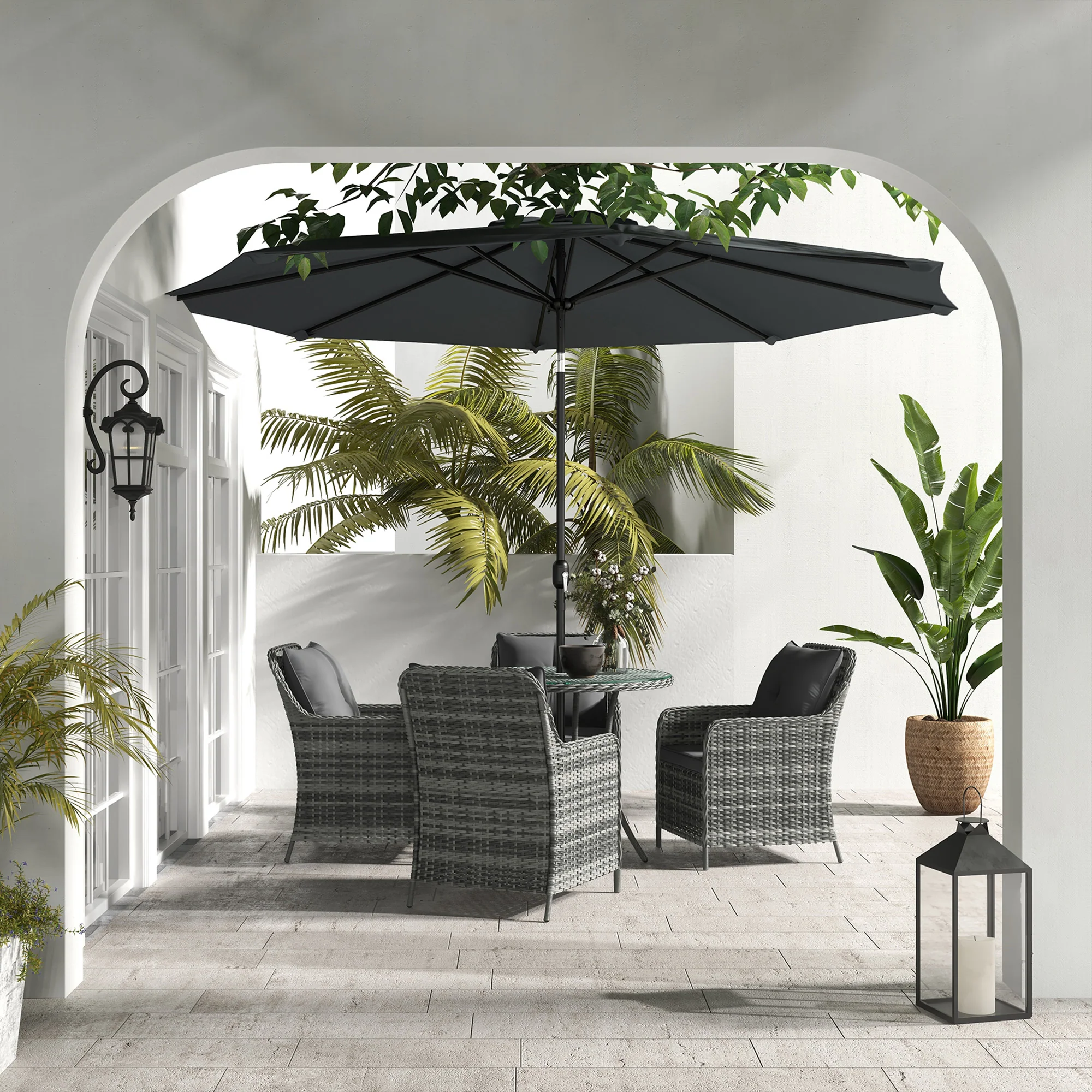 4 Seater Rattan Dining Set w/ Parasol, Seat & Back Cushions, Round Glass Tabletop, Mixed Grey - Image 3