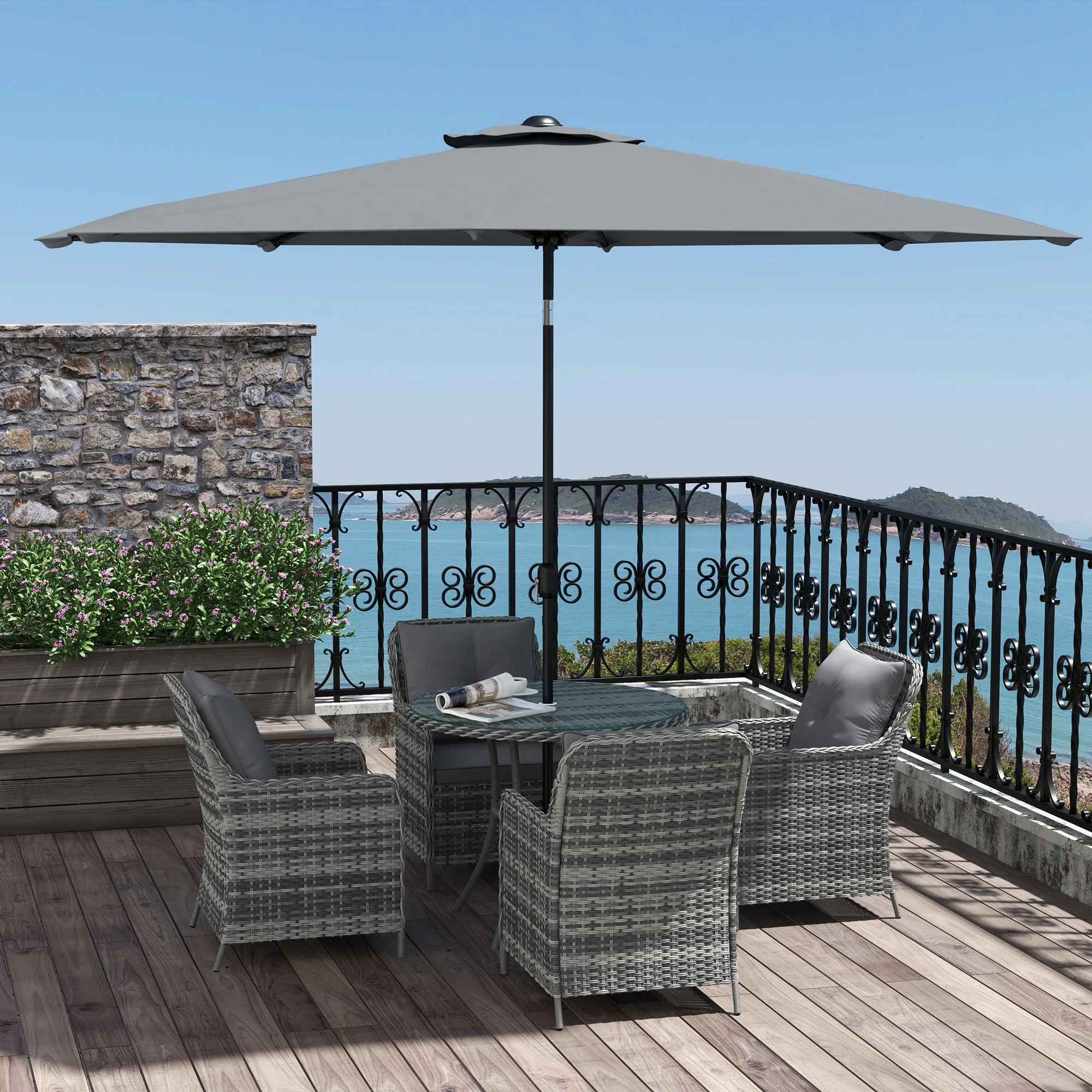 4 Seater Rattan Dining Set w/ Parasol, Seat & Back Cushions, Round Glass Tabletop, Mixed Grey - Image 4