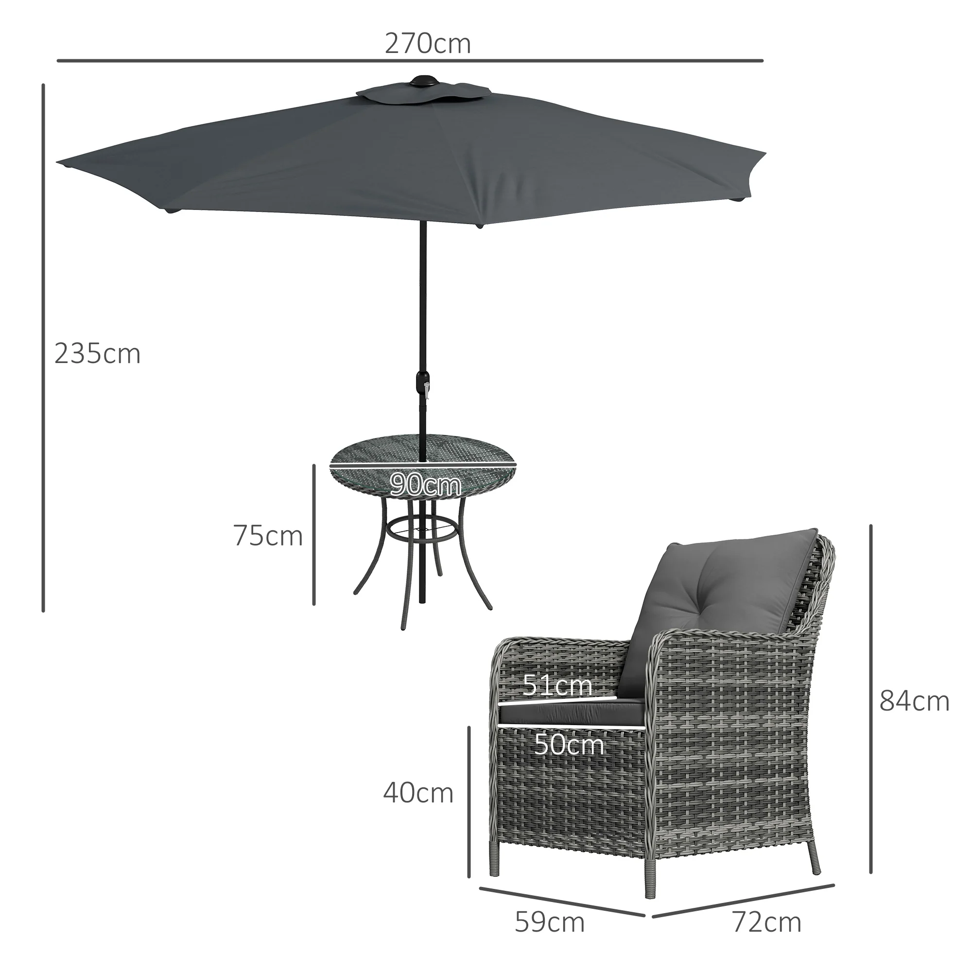 4 Seater Rattan Dining Set w/ Parasol, Seat & Back Cushions, Round Glass Tabletop, Mixed Grey - Image 5