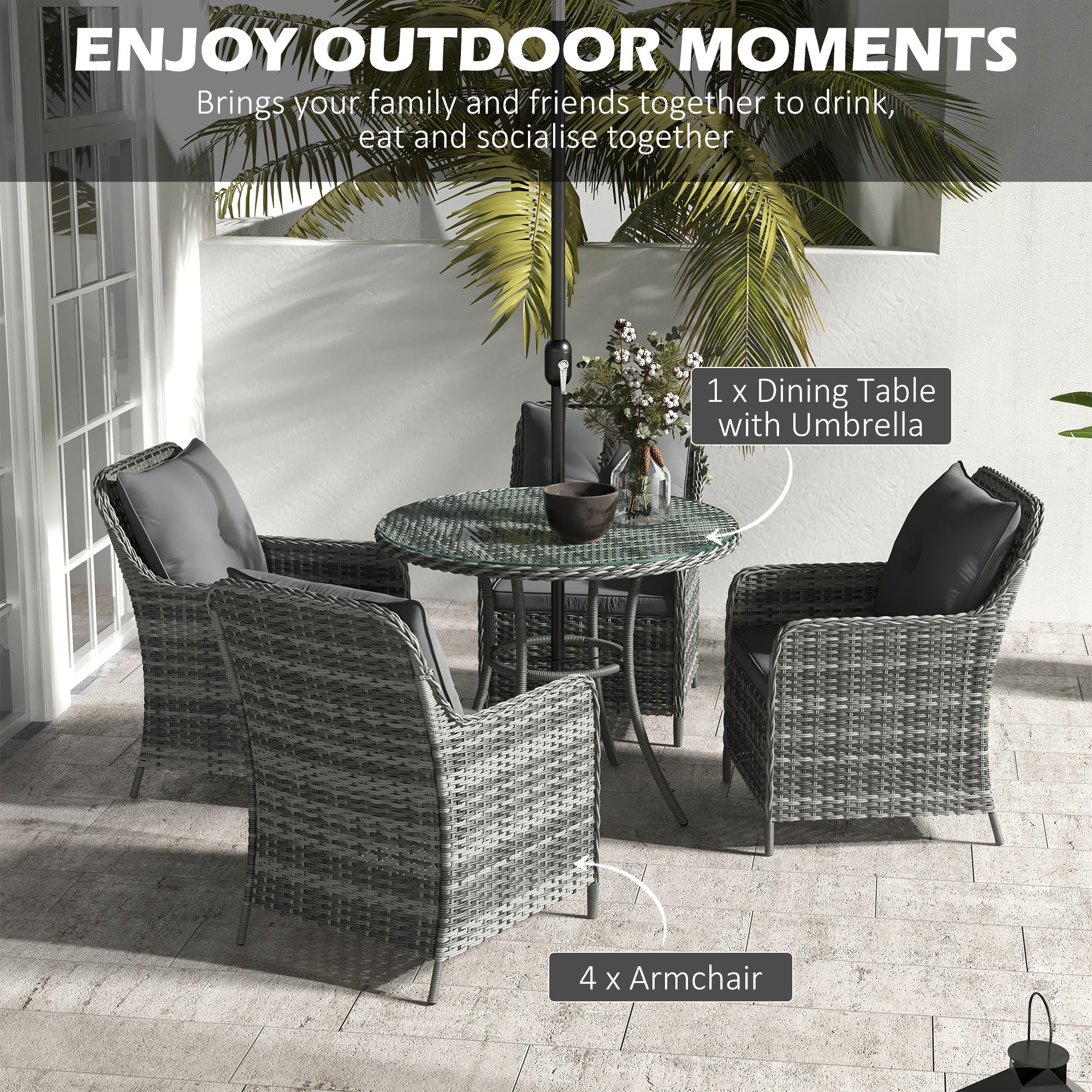 4 Seater Rattan Dining Set w/ Parasol, Seat & Back Cushions, Round Glass Tabletop, Mixed Grey - Image 6
