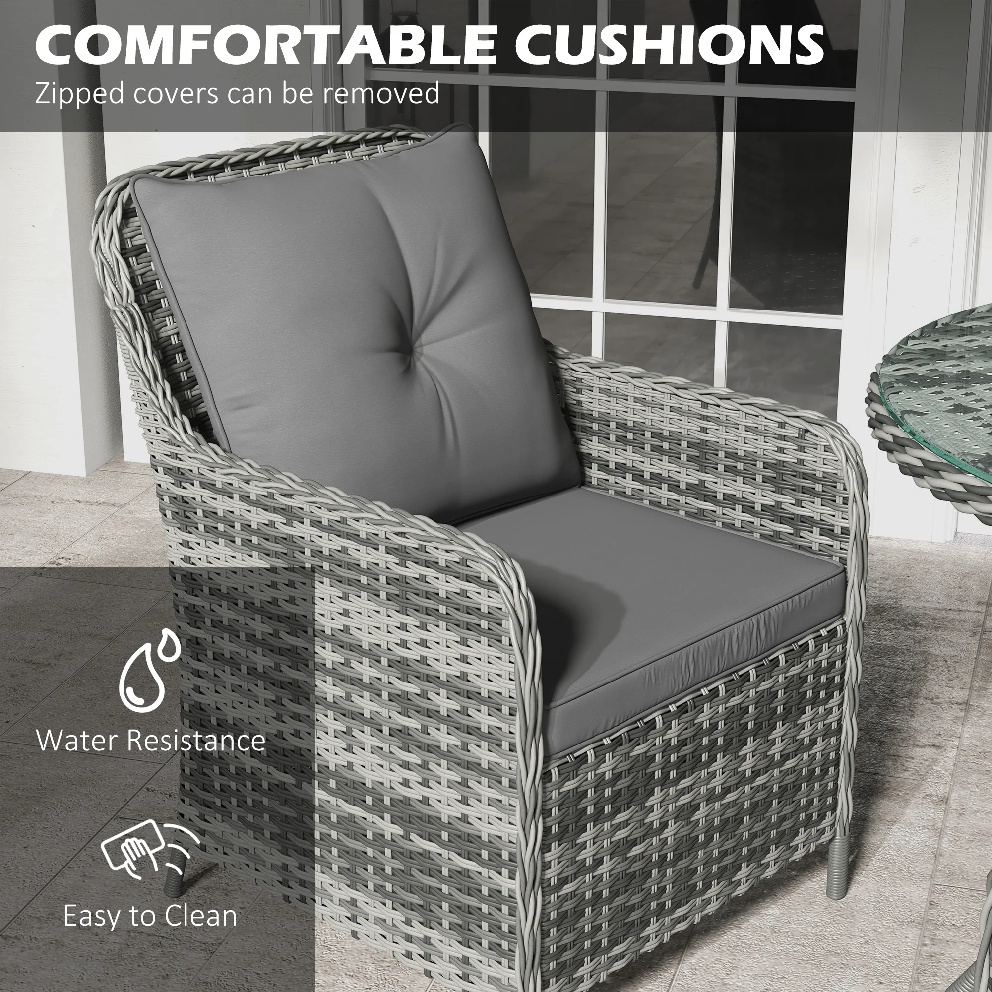 4 Seater Rattan Dining Set w/ Parasol, Seat & Back Cushions, Round Glass Tabletop, Mixed Grey - Image 7