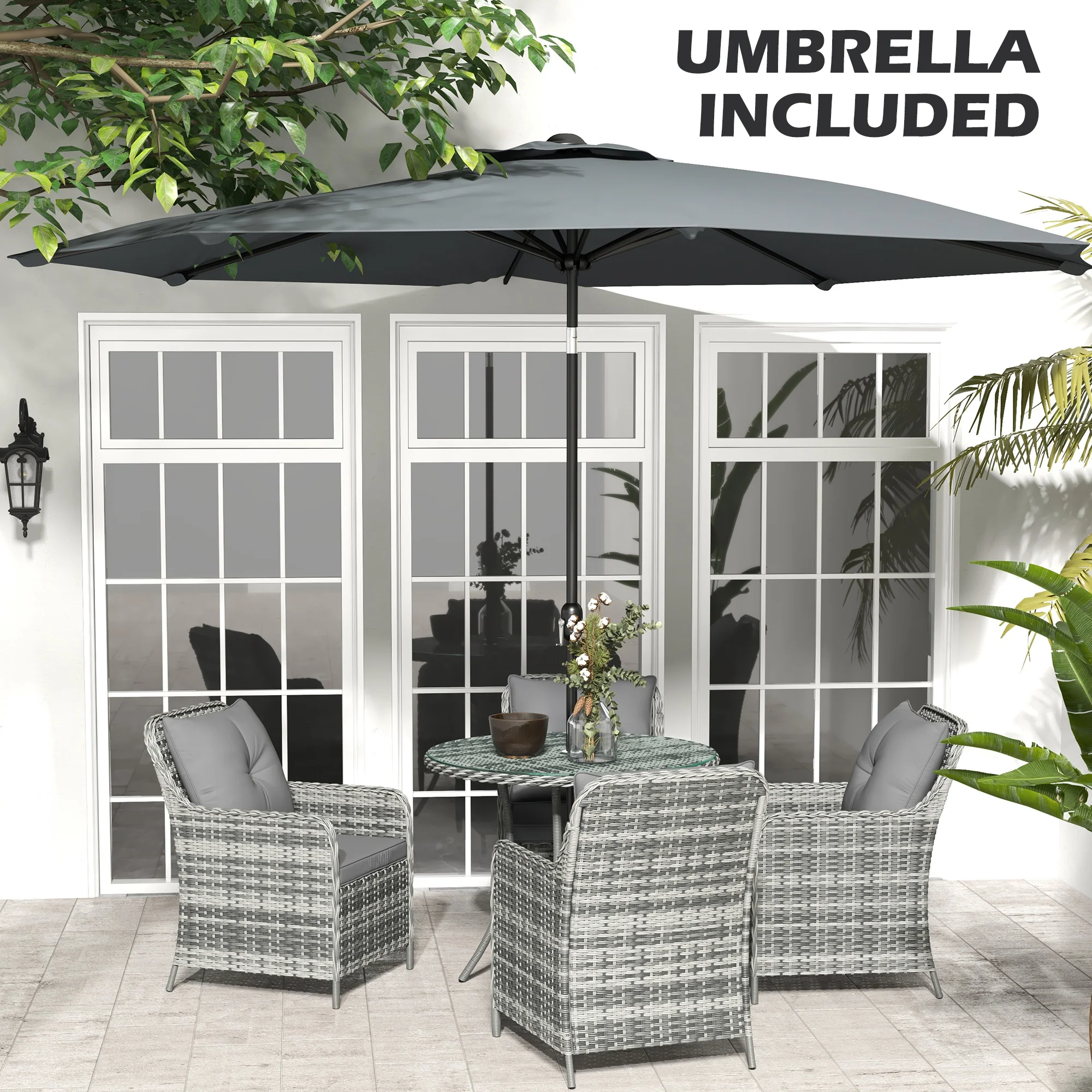 4 Seater Rattan Dining Set w/ Parasol, Seat & Back Cushions, Round Glass Tabletop, Mixed Grey - Image 8