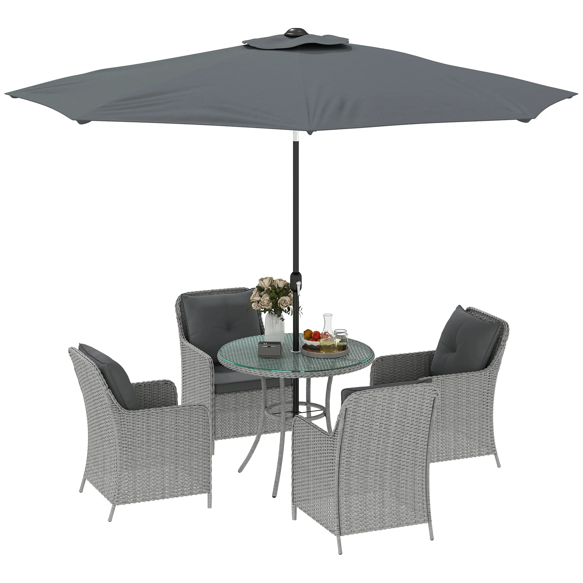4 Seater Rattan Dining Set w/ Parasol, Seat & Back Cushions, Round Glass Tabletop, Light Grey