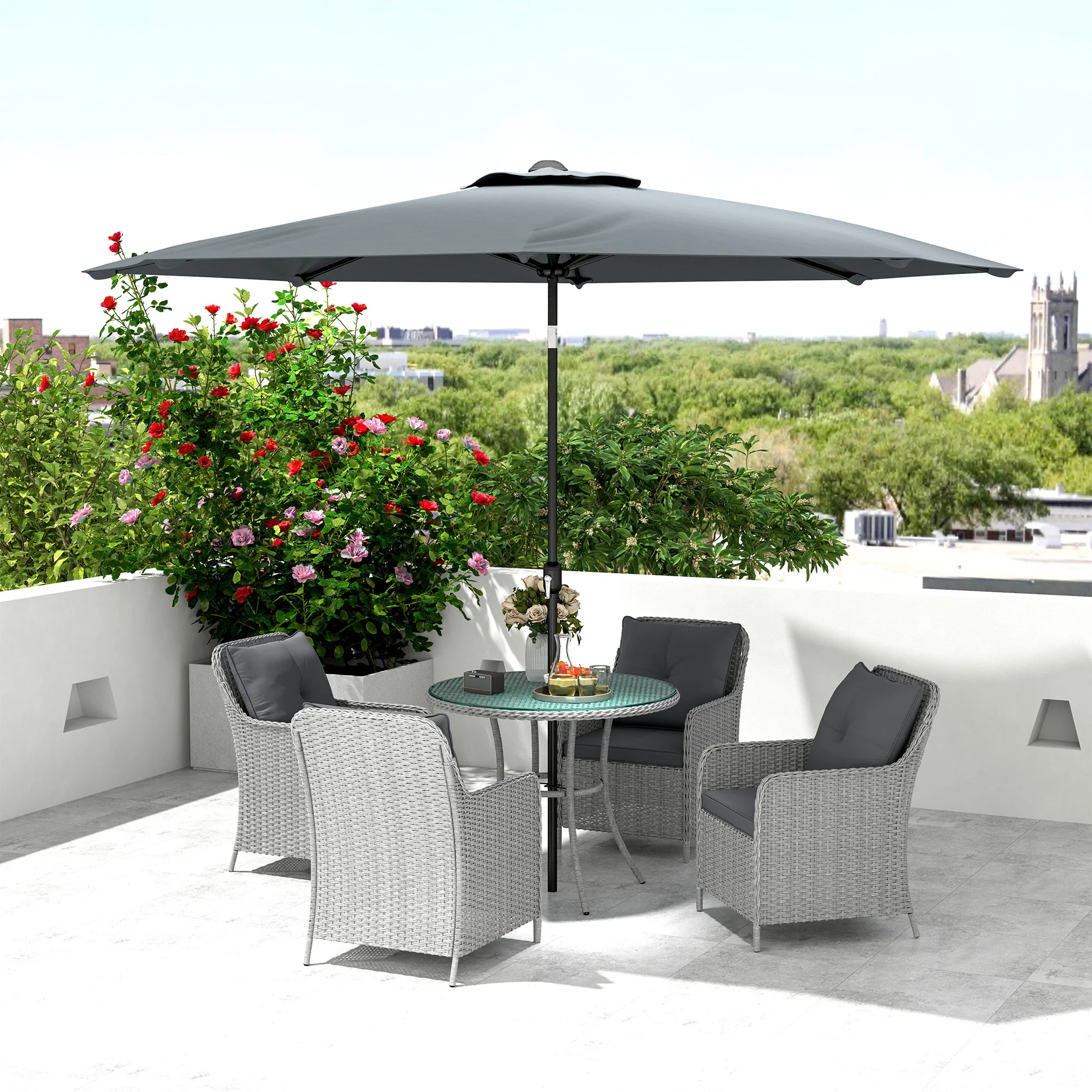 4 Seater Rattan Dining Set w/ Parasol, Seat & Back Cushions, Round Glass Tabletop, Light Grey - Image 10