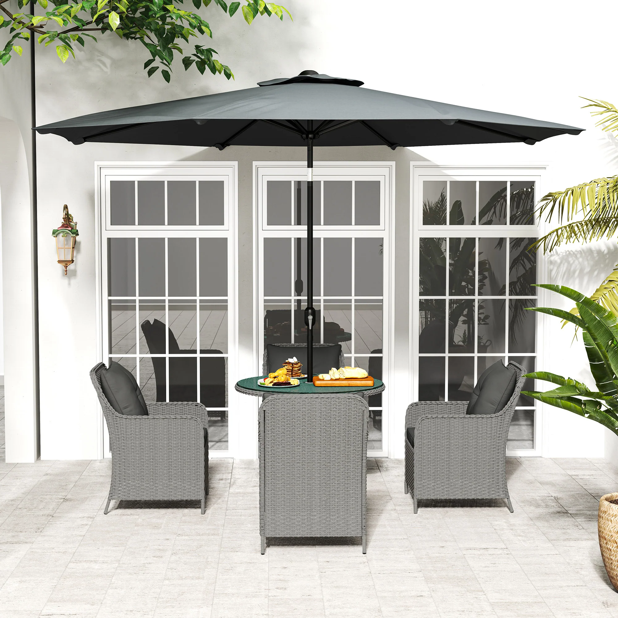 4 Seater Rattan Dining Set w/ Parasol, Seat & Back Cushions, Round Glass Tabletop, Light Grey - Image 11
