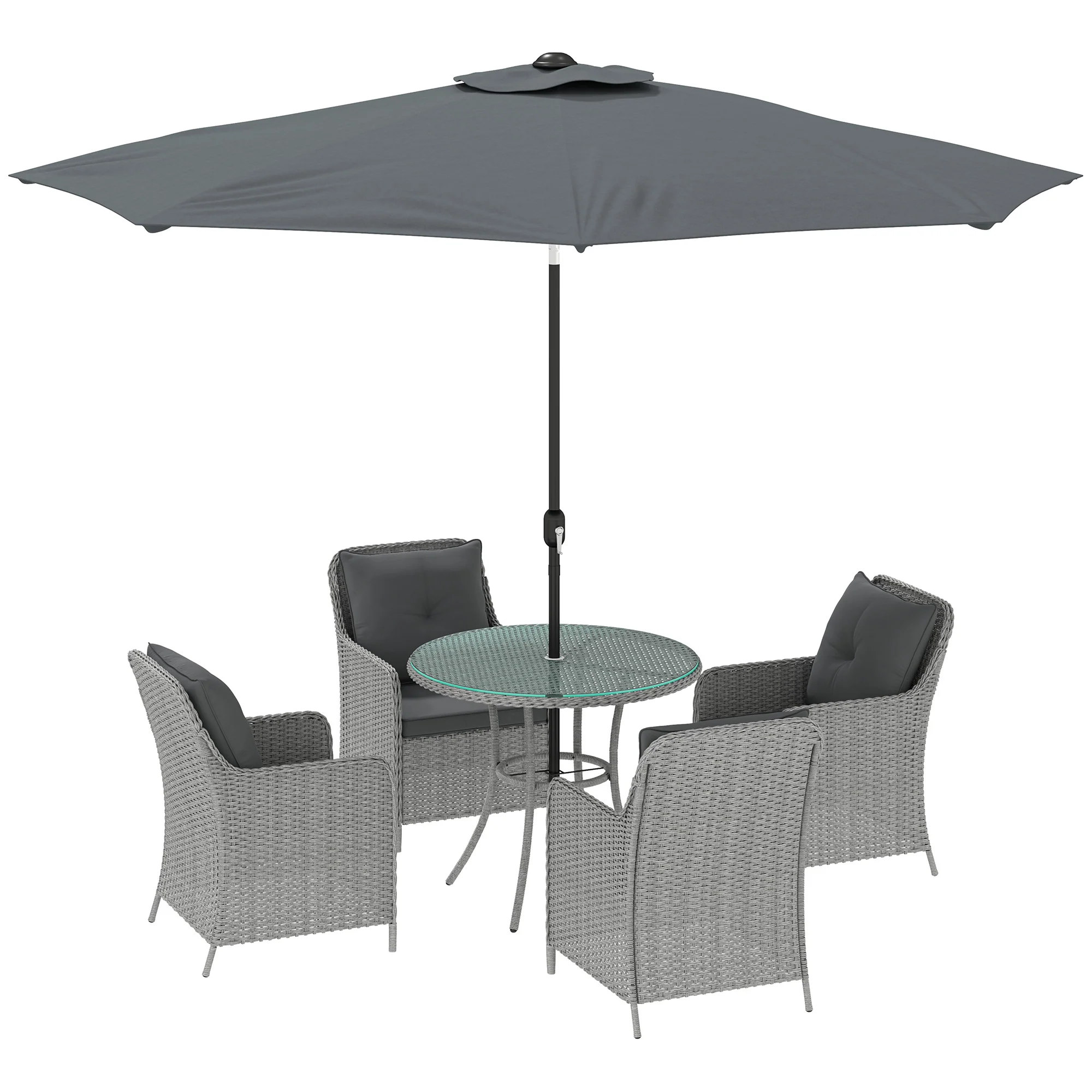 4 Seater Rattan Dining Set w/ Parasol, Seat & Back Cushions, Round Glass Tabletop, Light Grey - Image 12
