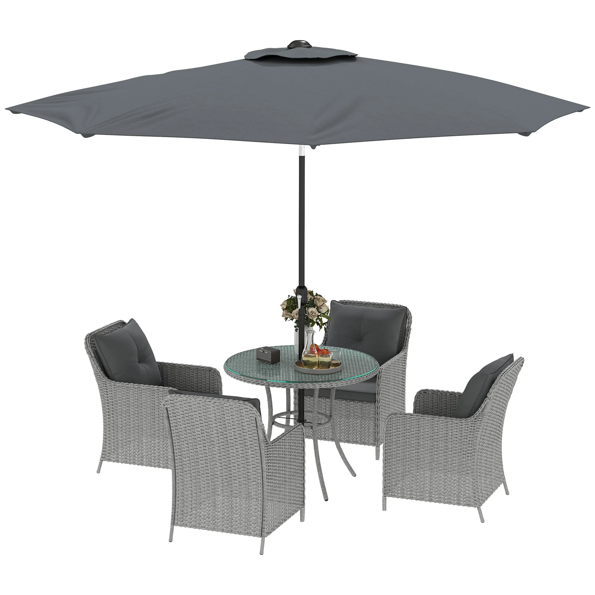 4 Seater Rattan Dining Set w/ Parasol, Seat & Back Cushions, Round Glass Tabletop, Light Grey - Image 2
