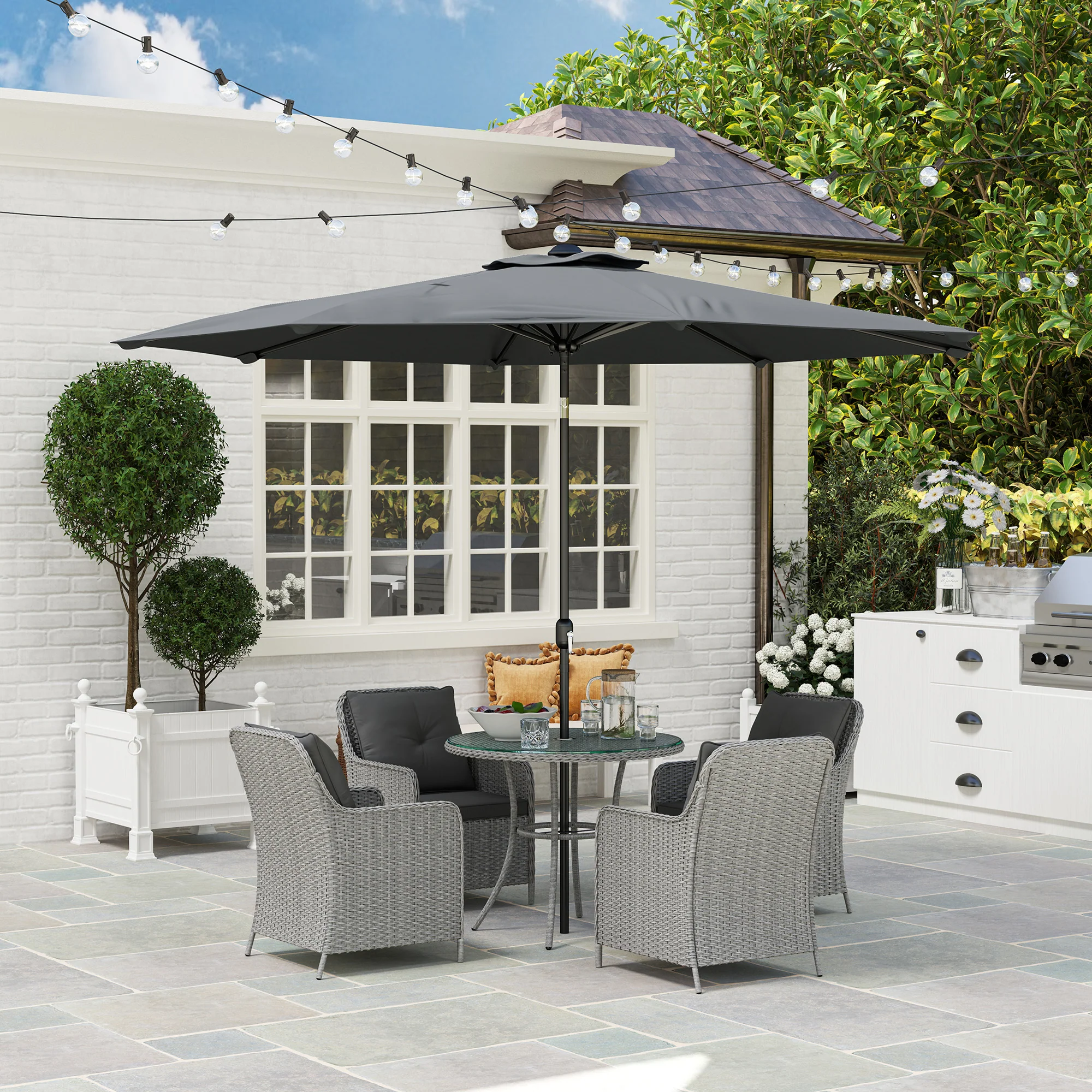 4 Seater Rattan Dining Set w/ Parasol, Seat & Back Cushions, Round Glass Tabletop, Light Grey - Image 3
