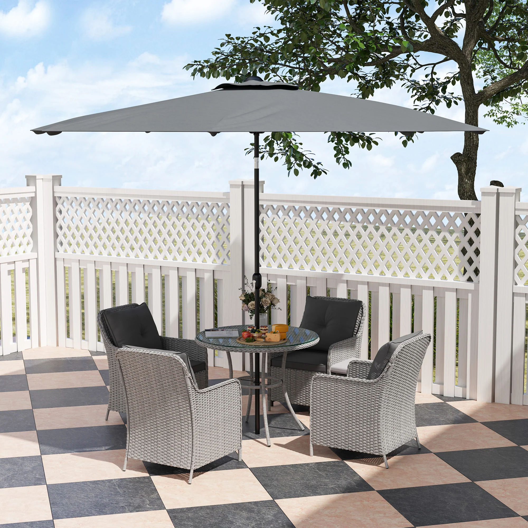 4 Seater Rattan Dining Set w/ Parasol, Seat & Back Cushions, Round Glass Tabletop, Light Grey - Image 4