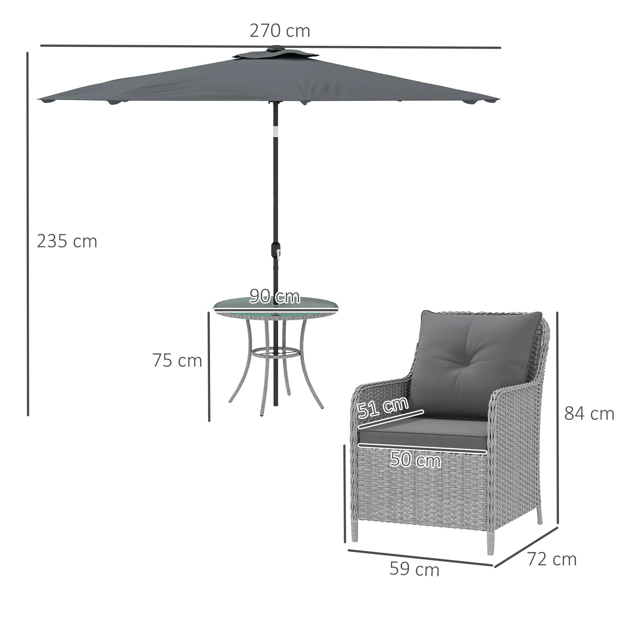 4 Seater Rattan Dining Set w/ Parasol, Seat & Back Cushions, Round Glass Tabletop, Light Grey - Image 5
