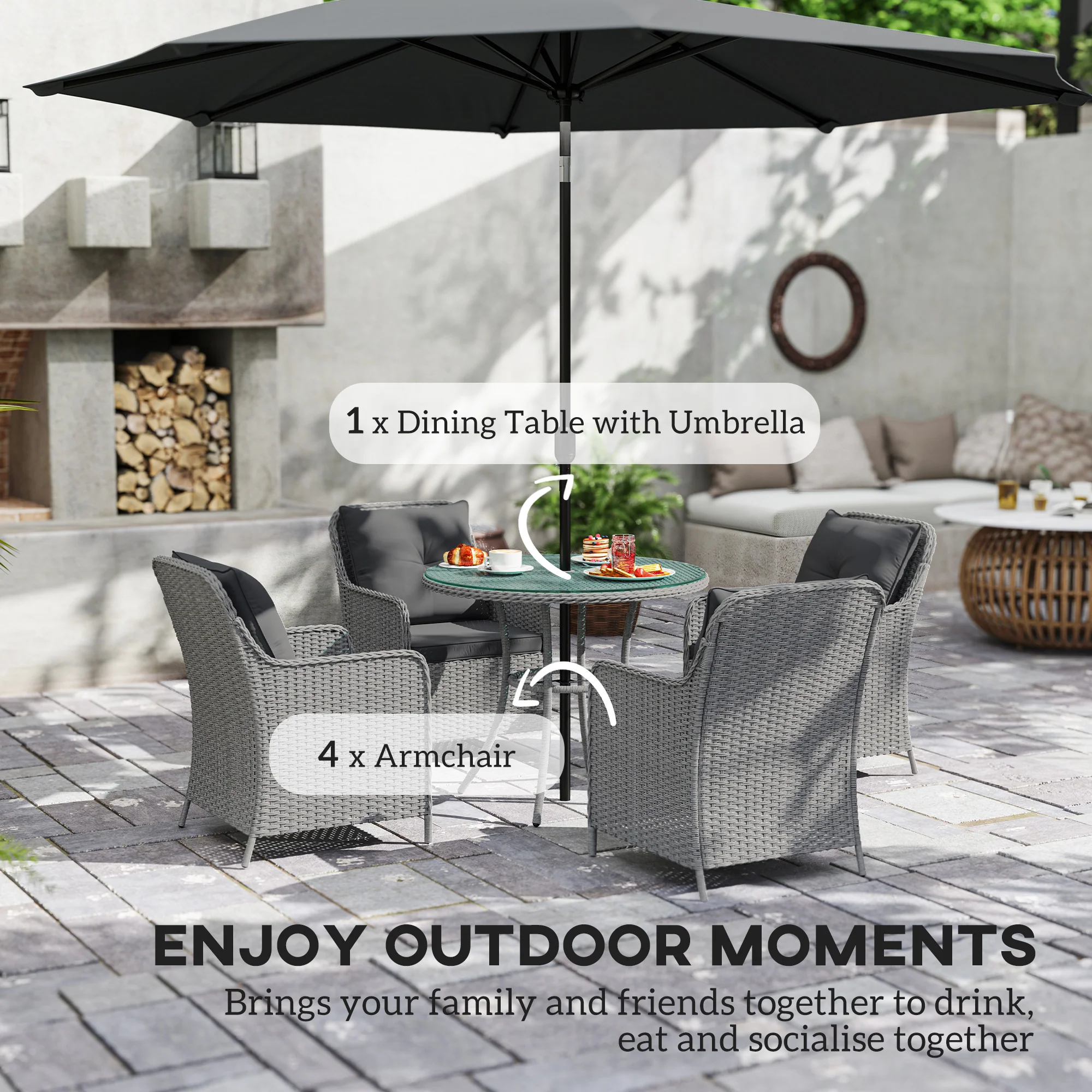 4 Seater Rattan Dining Set w/ Parasol, Seat & Back Cushions, Round Glass Tabletop, Light Grey - Image 6