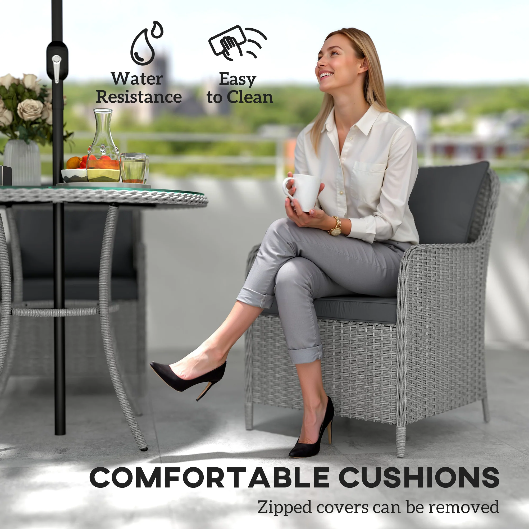 4 Seater Rattan Dining Set w/ Parasol, Seat & Back Cushions, Round Glass Tabletop, Light Grey - Image 7