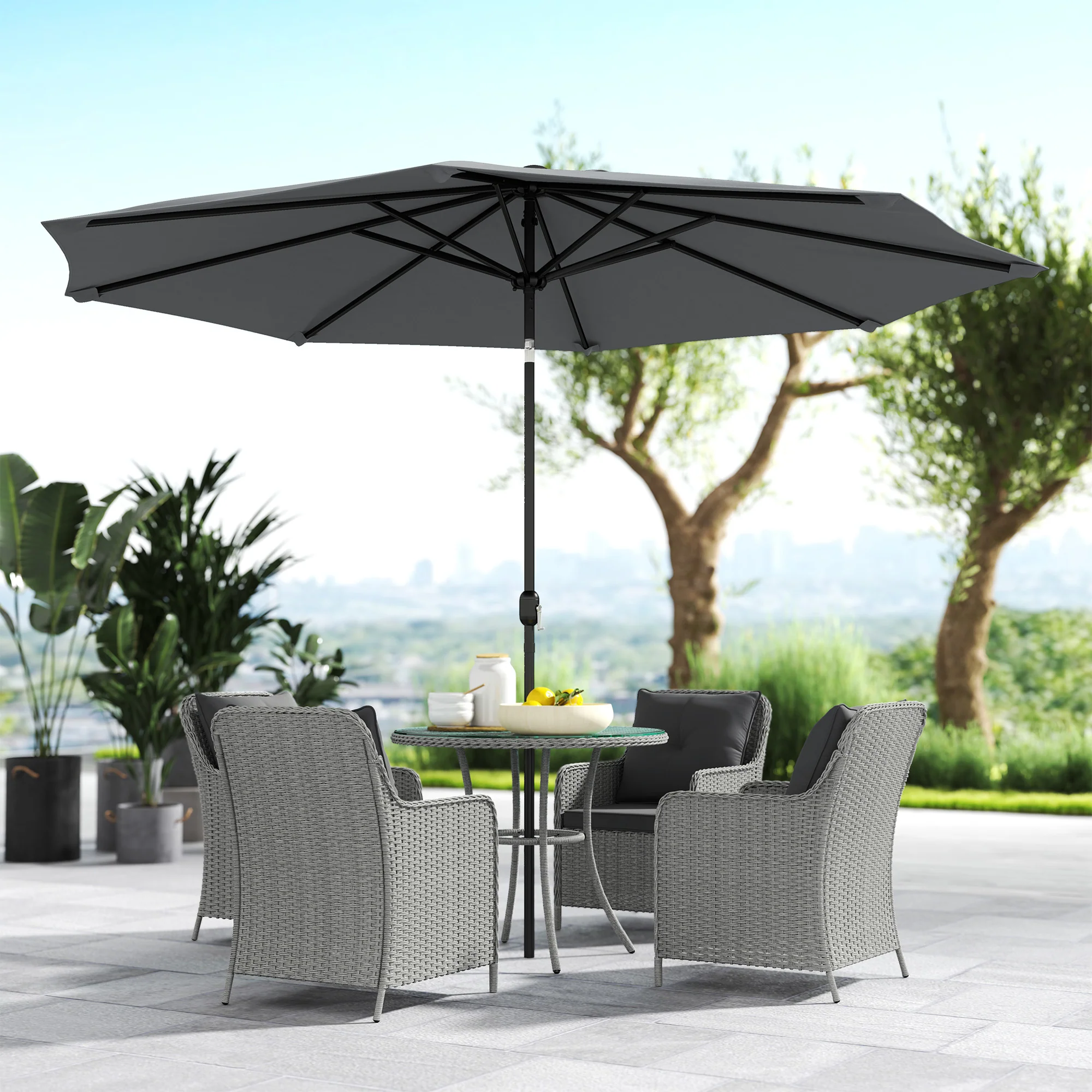 4 Seater Rattan Dining Set w/ Parasol, Seat & Back Cushions, Round Glass Tabletop, Light Grey - Image 9