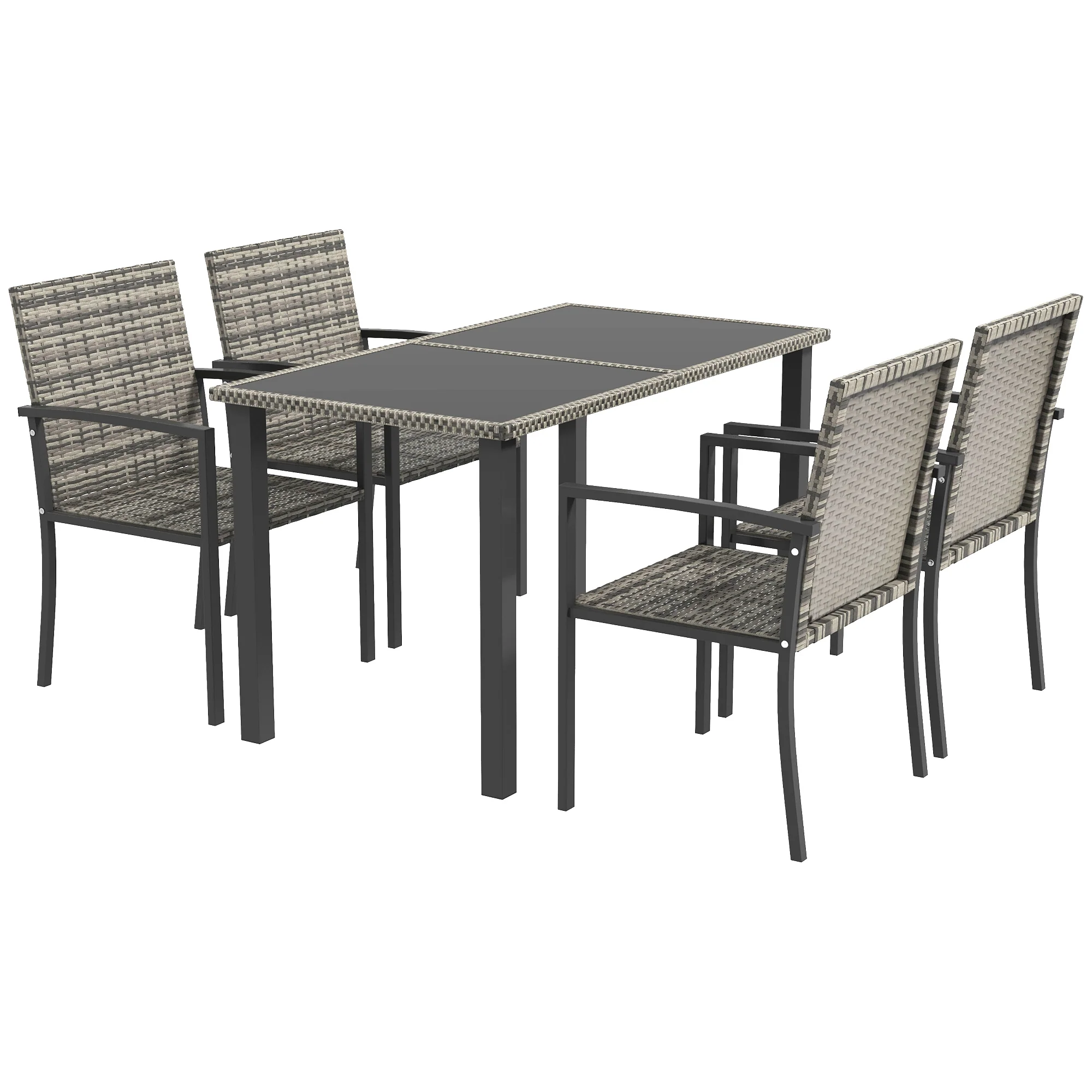 4 Seater Outdoor Rattan Dining Set with Rectangular Glass Tabletop & 4 Armchairs, Mixed Grey - Image 2