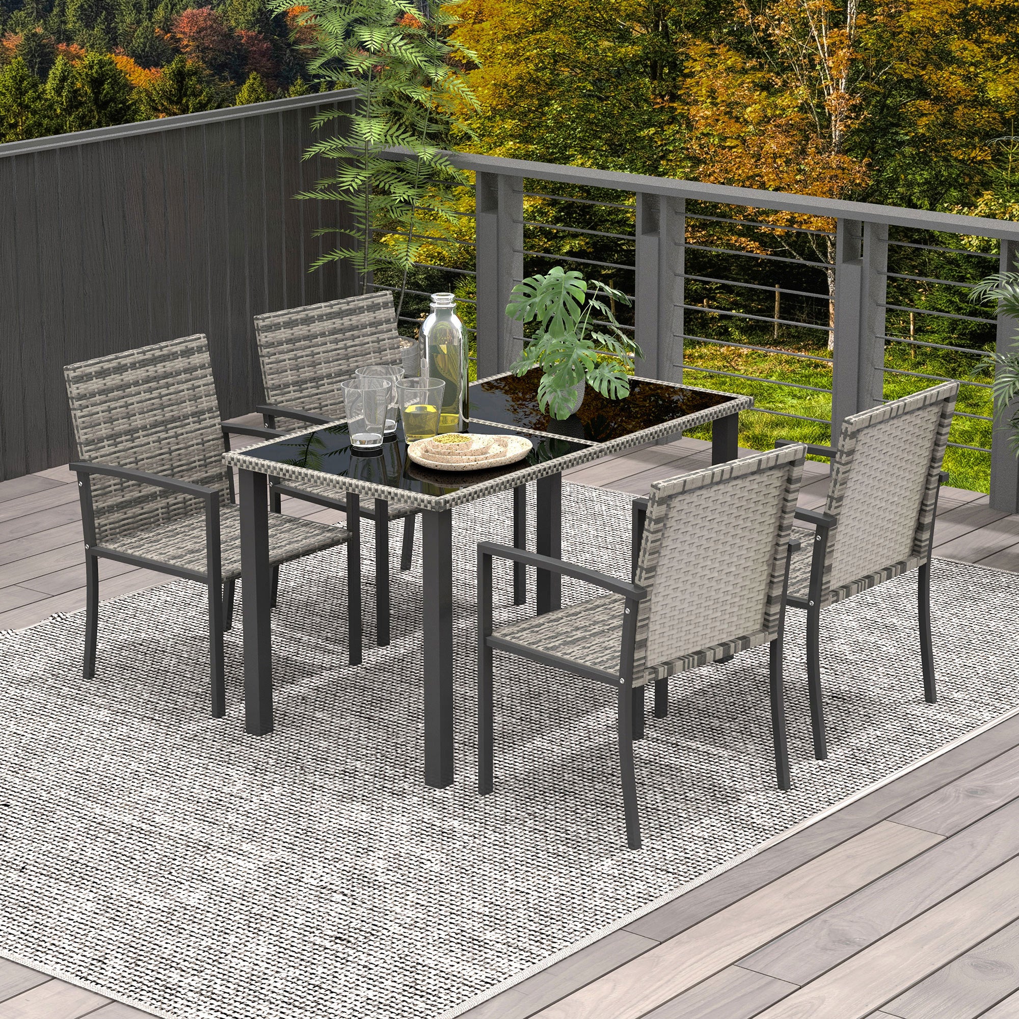 4 Seater Outdoor Rattan Dining Set with Rectangular Glass Tabletop & 4 Armchairs, Mixed Grey - Image 3