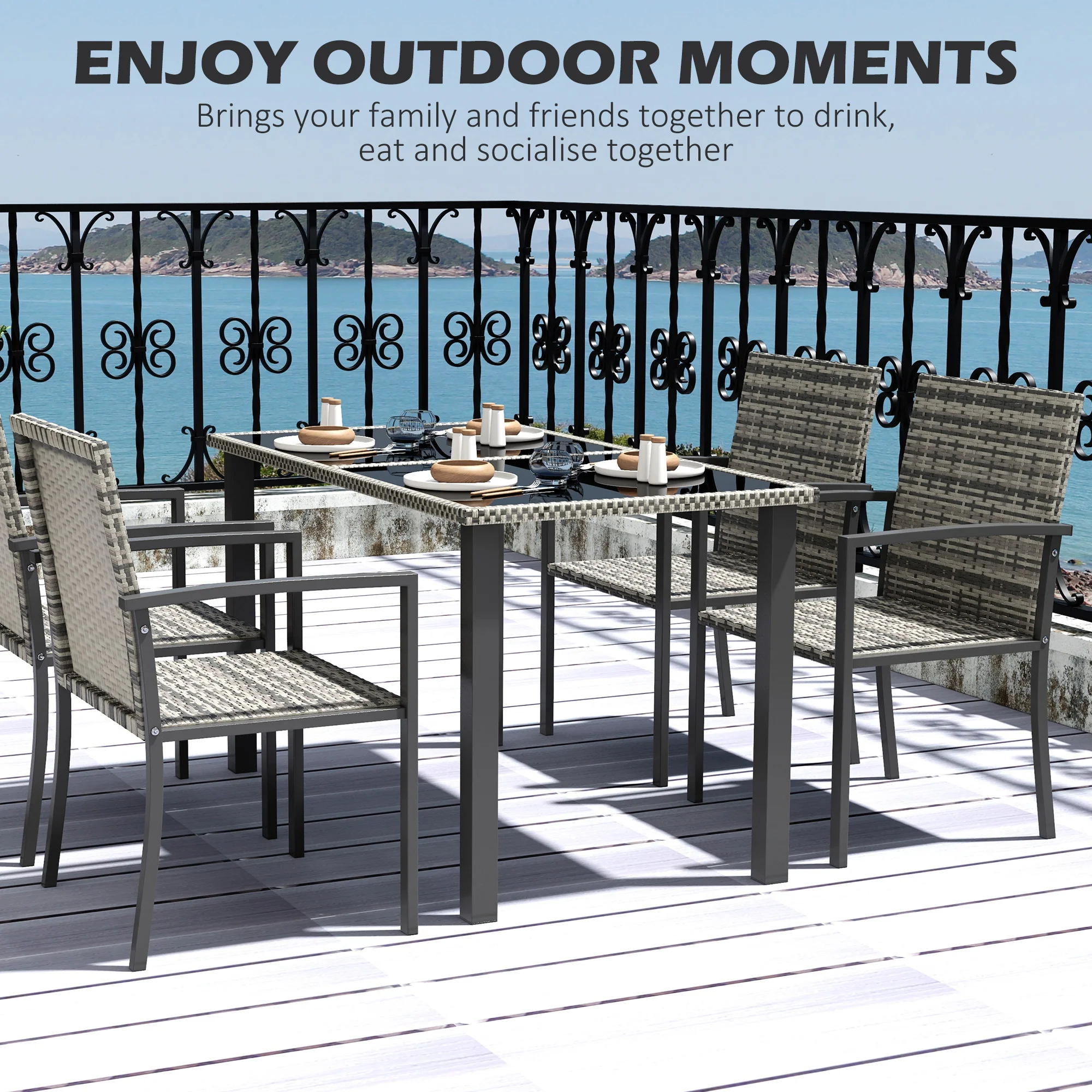 4 Seater Outdoor Rattan Dining Set with Rectangular Glass Tabletop & 4 Armchairs, Mixed Grey - Image 6