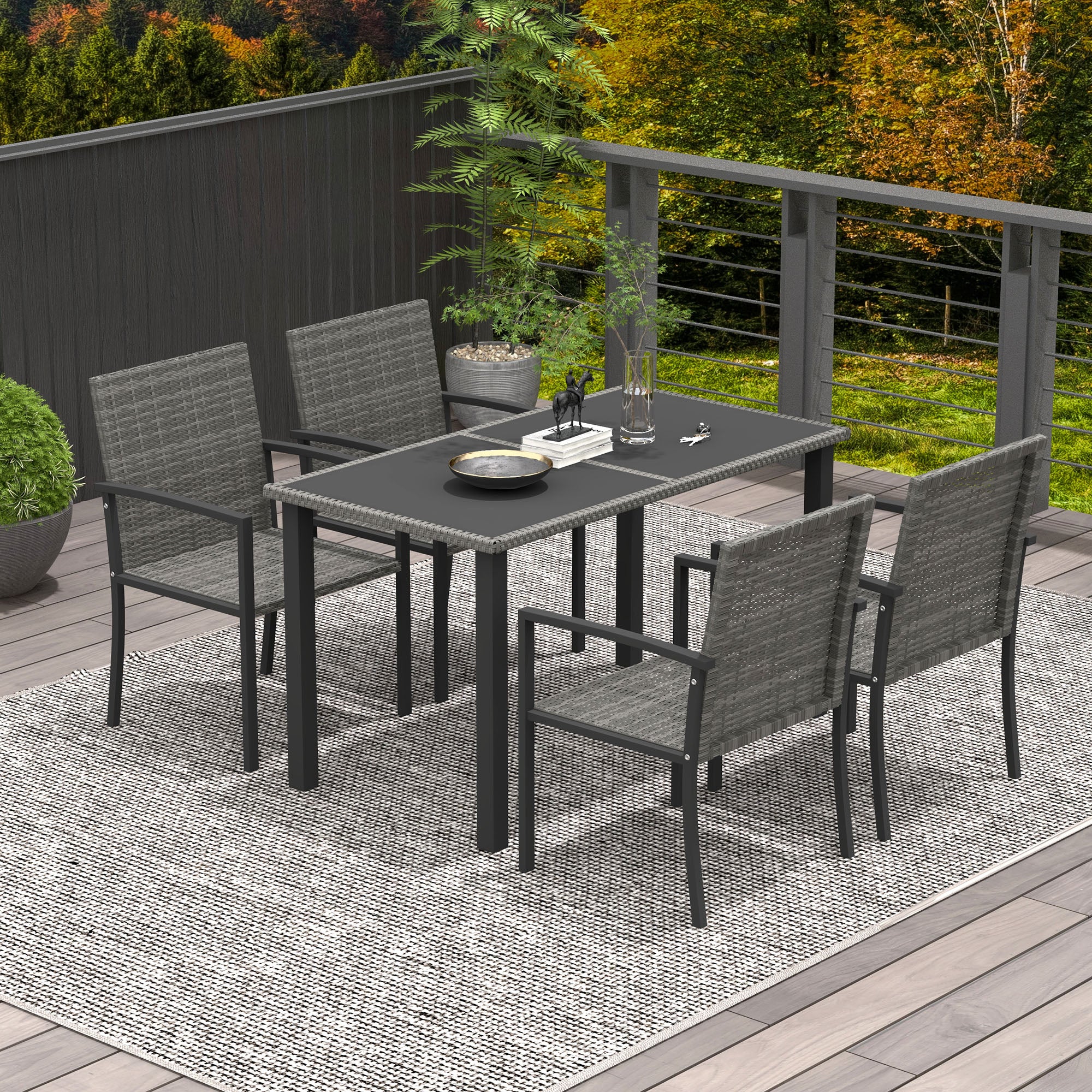 4 Seater Outdoor Rattan Dining Set with Rectangular Glass Tabletop & 4 Armchairs, Grey - Image 4