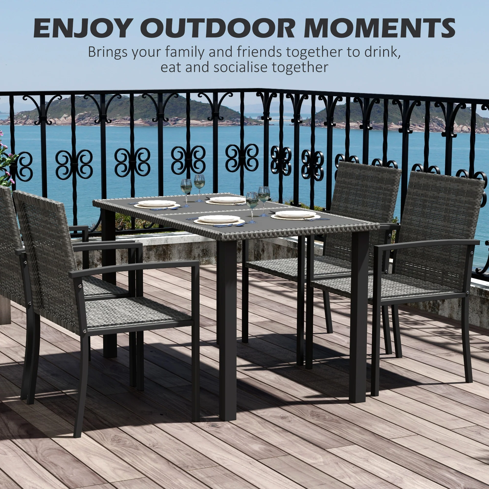 4 Seater Outdoor Rattan Dining Set with Rectangular Glass Tabletop & 4 Armchairs, Grey - Image 6