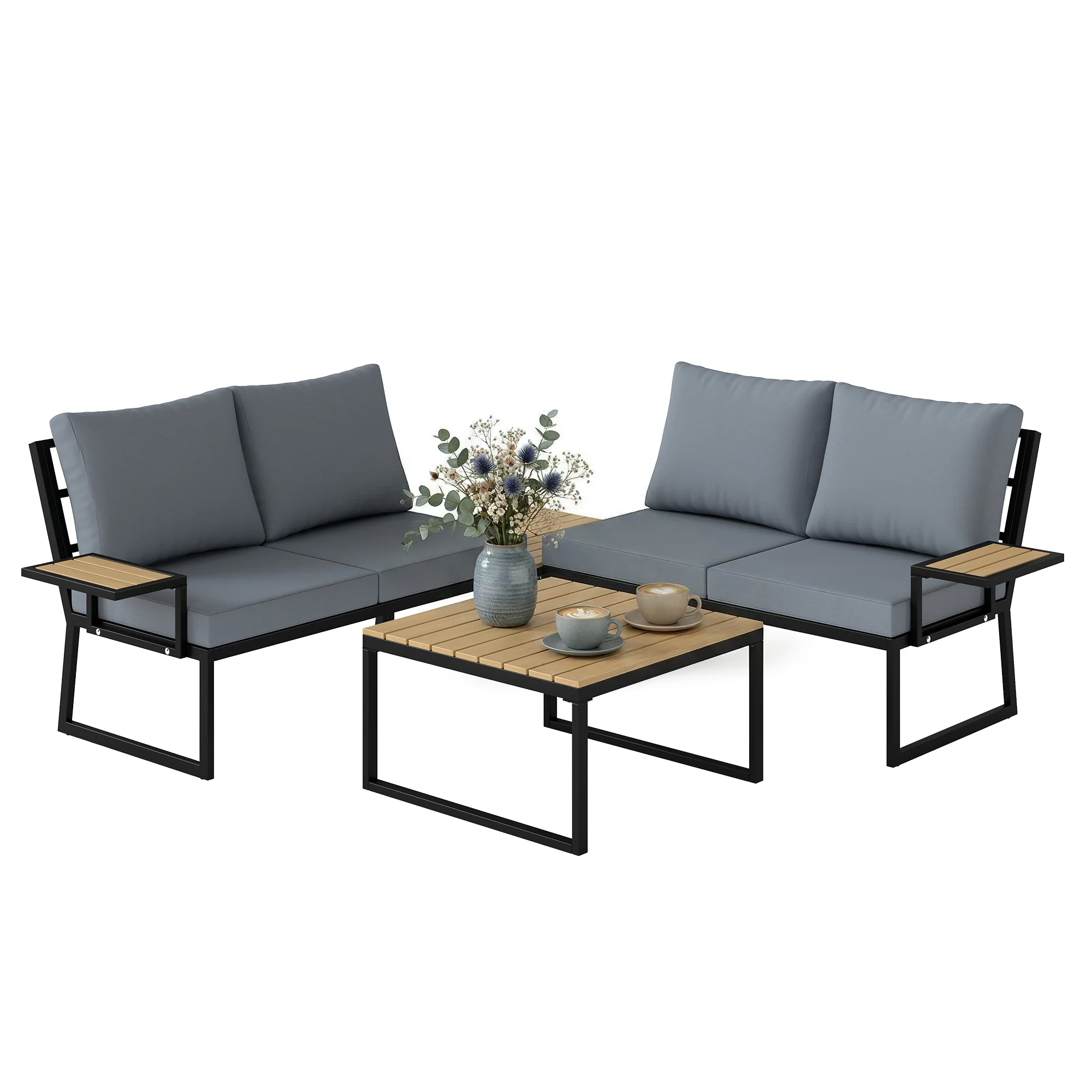 4 Seater Rattan Corner Sofa Set with 2 Nesting Tables, Teak - Image 2