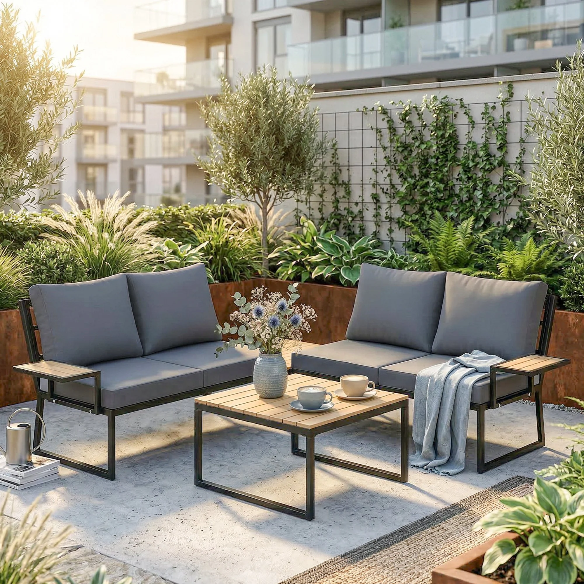 4 Seater Rattan Corner Sofa Set with 2 Nesting Tables, Teak - Image 3