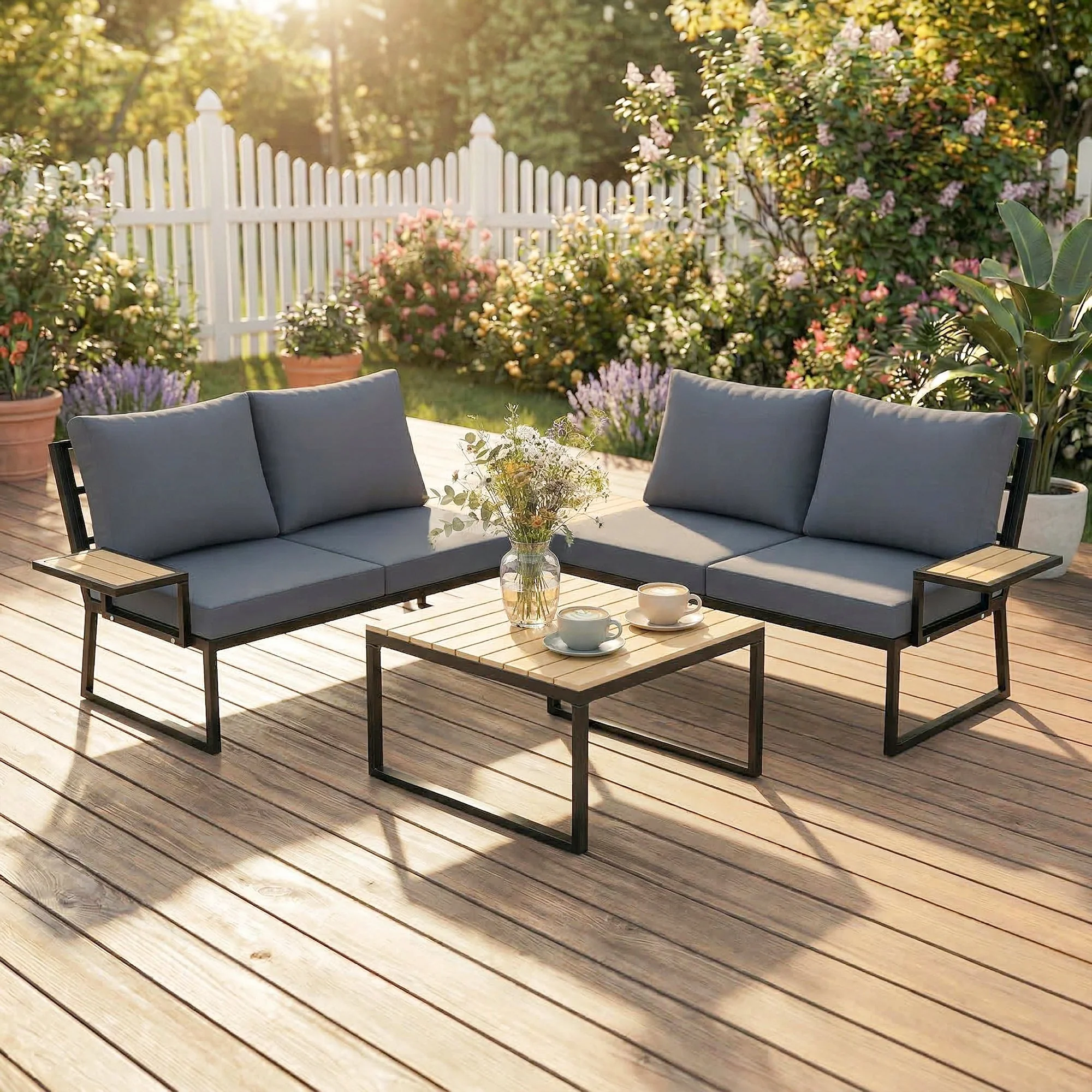 4 Seater Rattan Corner Sofa Set with 2 Nesting Tables, Teak - Image 4