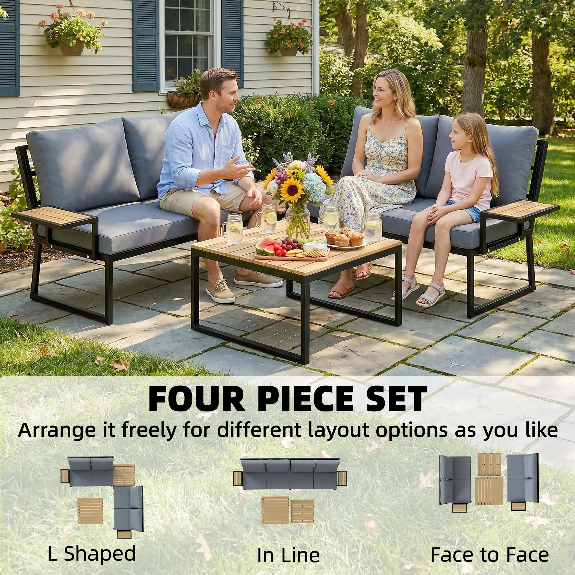 4 Seater Rattan Corner Sofa Set with 2 Nesting Tables, Teak - Image 6
