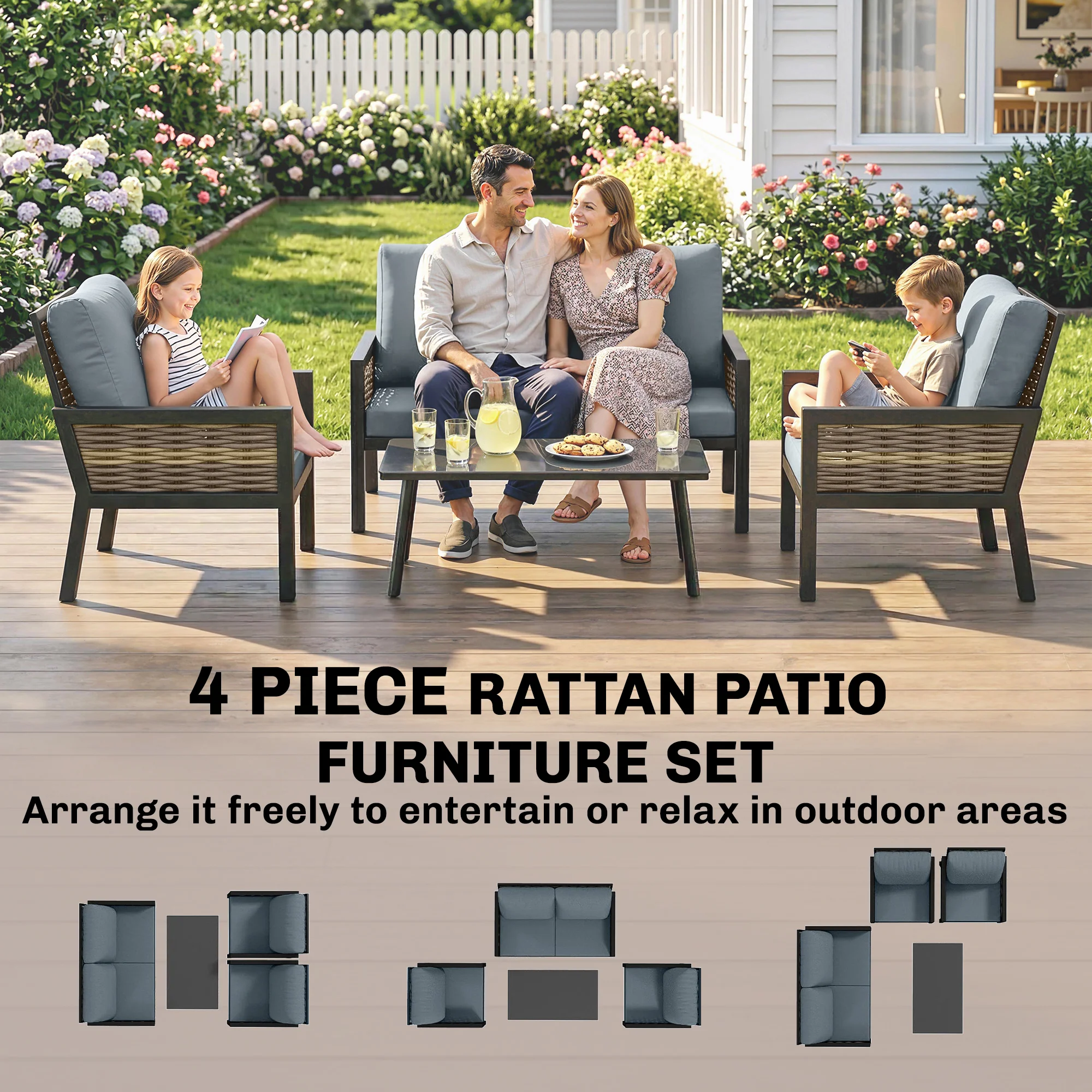 4-Seater Rattan Sofa Set with Cushions, Loveseat, 2 Armchairs & Coffee Table Grey - Image 10